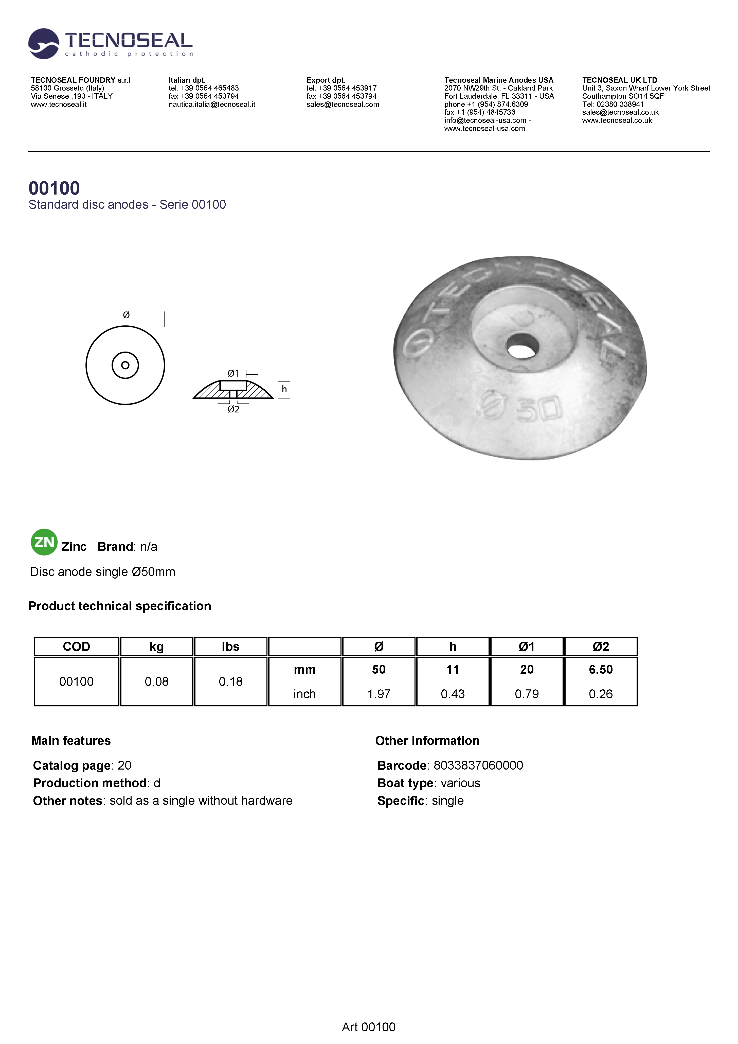 Disc anode single &Oslash;50mm - 00100 1 - 00100