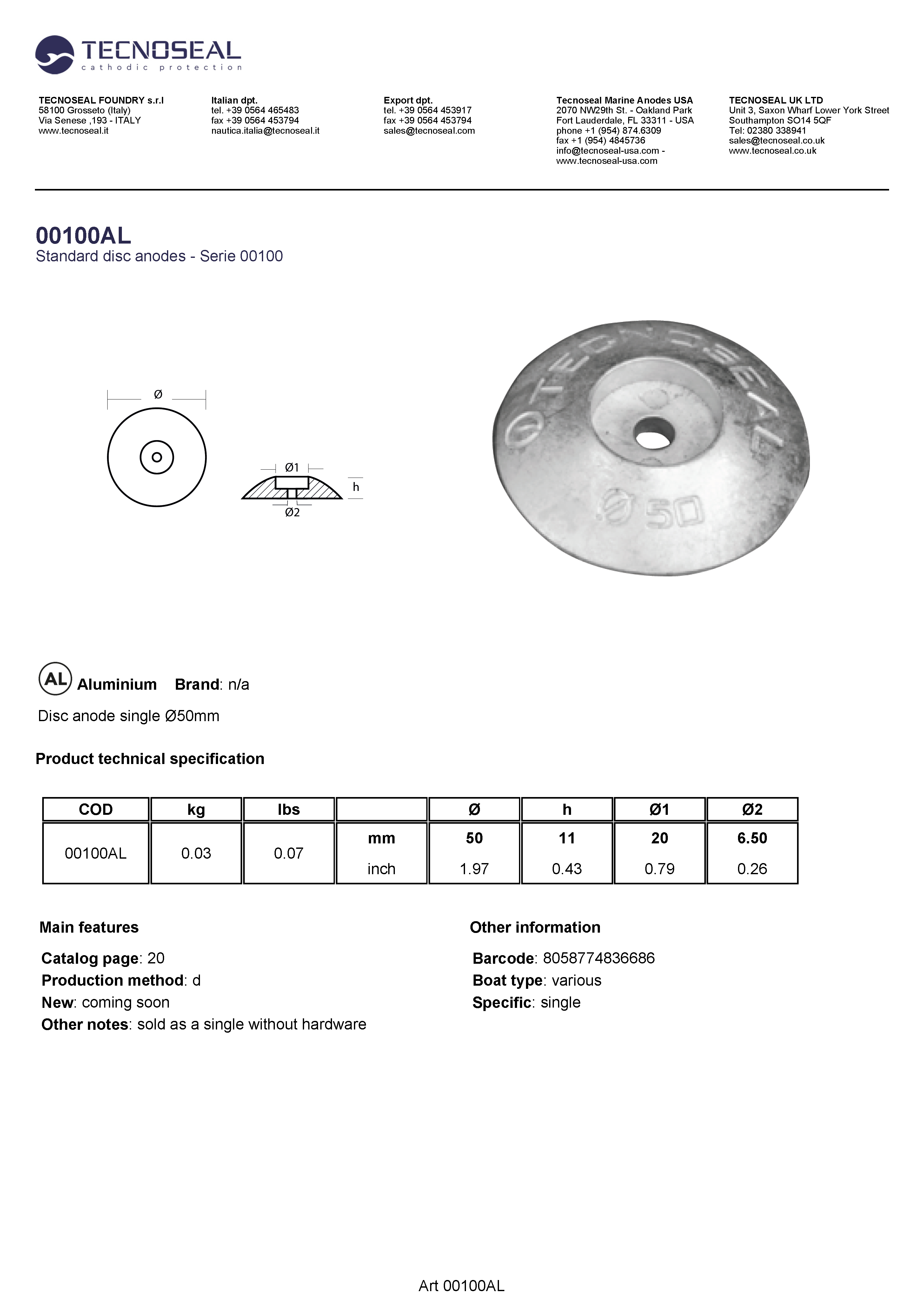 Disc anode single &Oslash;50mm - 00100al - 00100AL