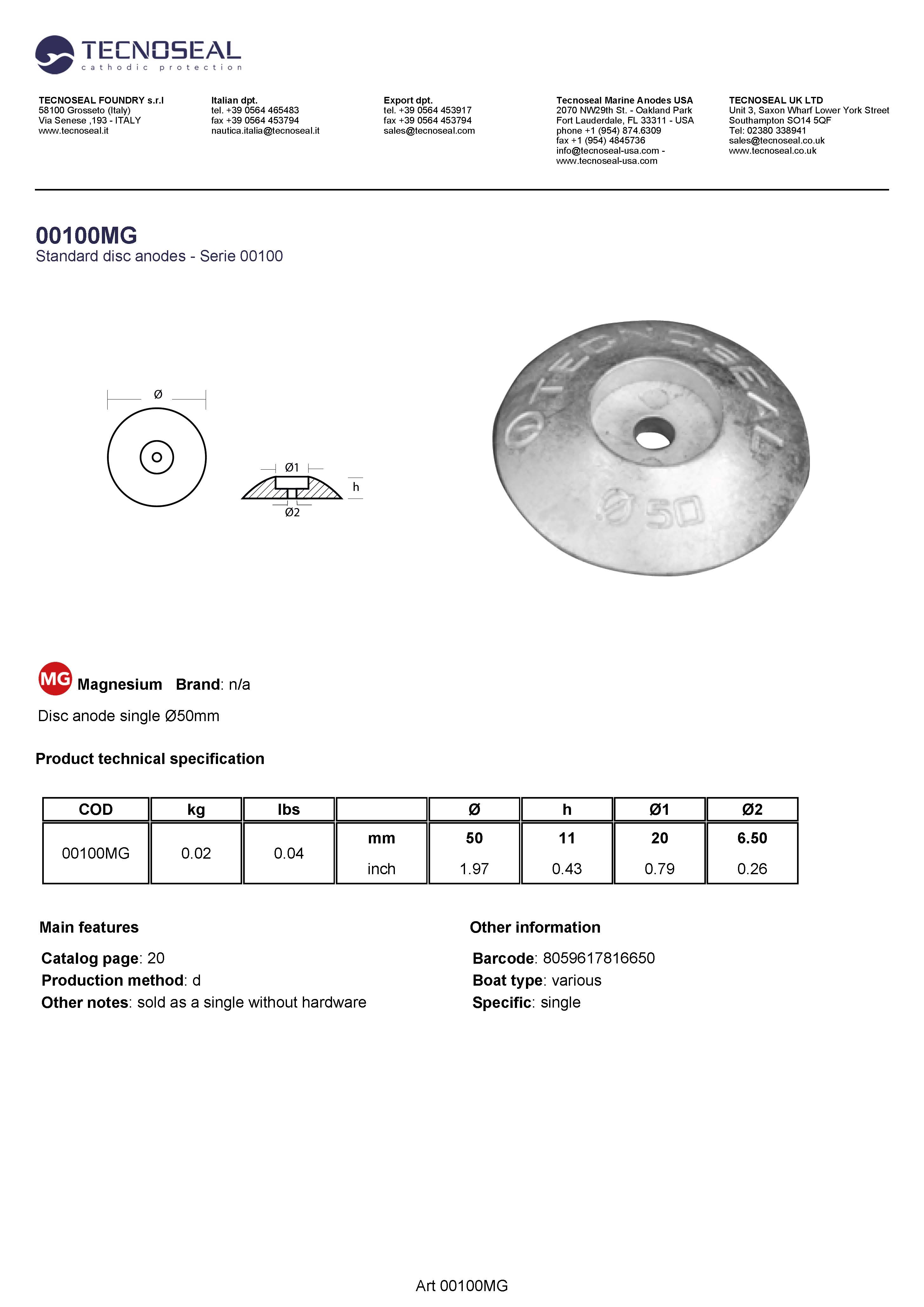 Disc anode single &Oslash;50mm - 00100mg - 00100MG