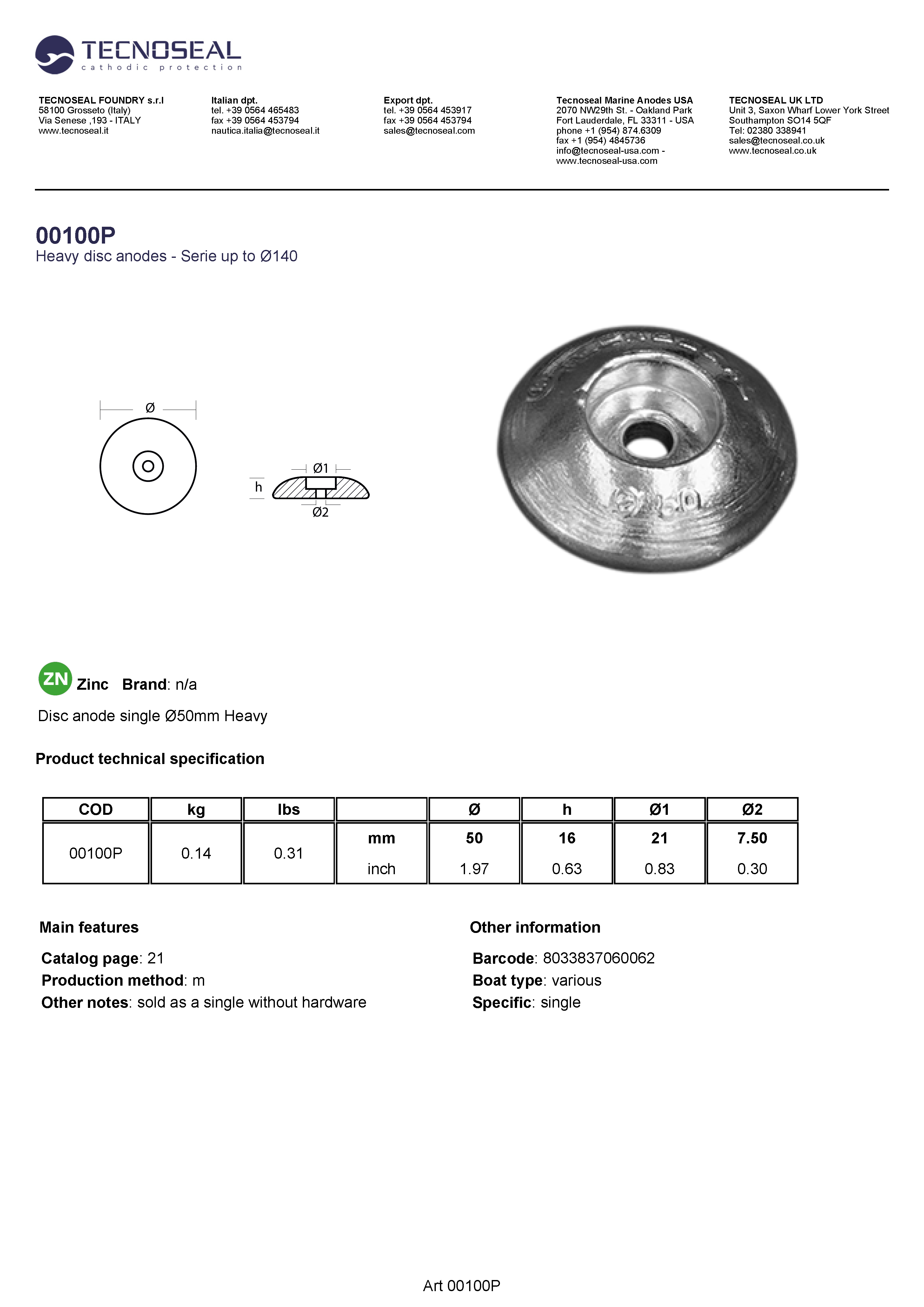 Disc anode single &Oslash;50mm Heavy - 00100p 1 - 00100P