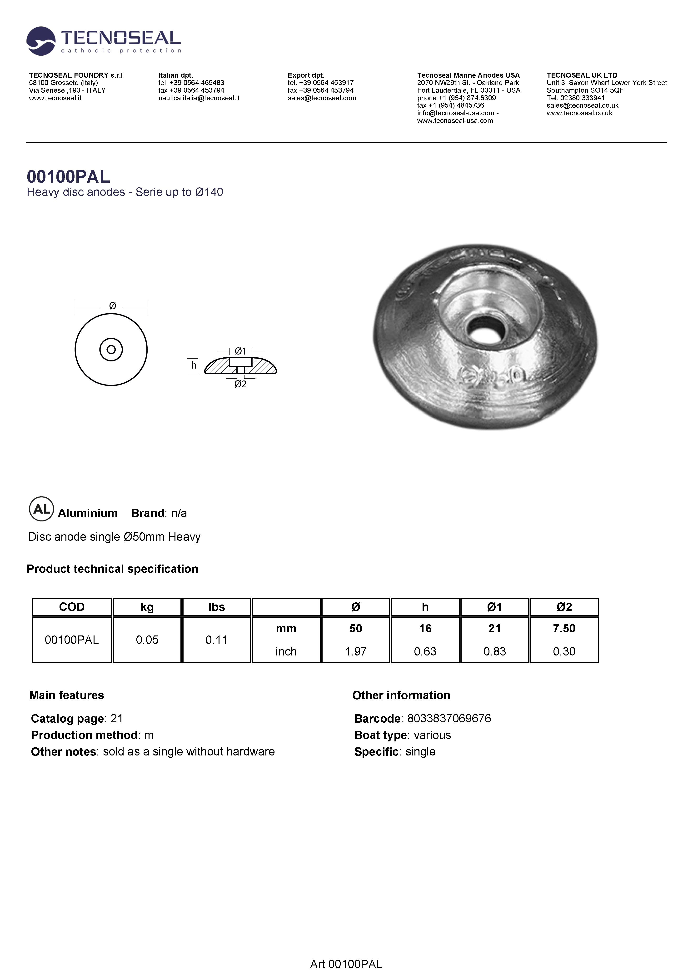 Disc anode single &Oslash;50mm Heavy - 00100pal - 00100PAL
