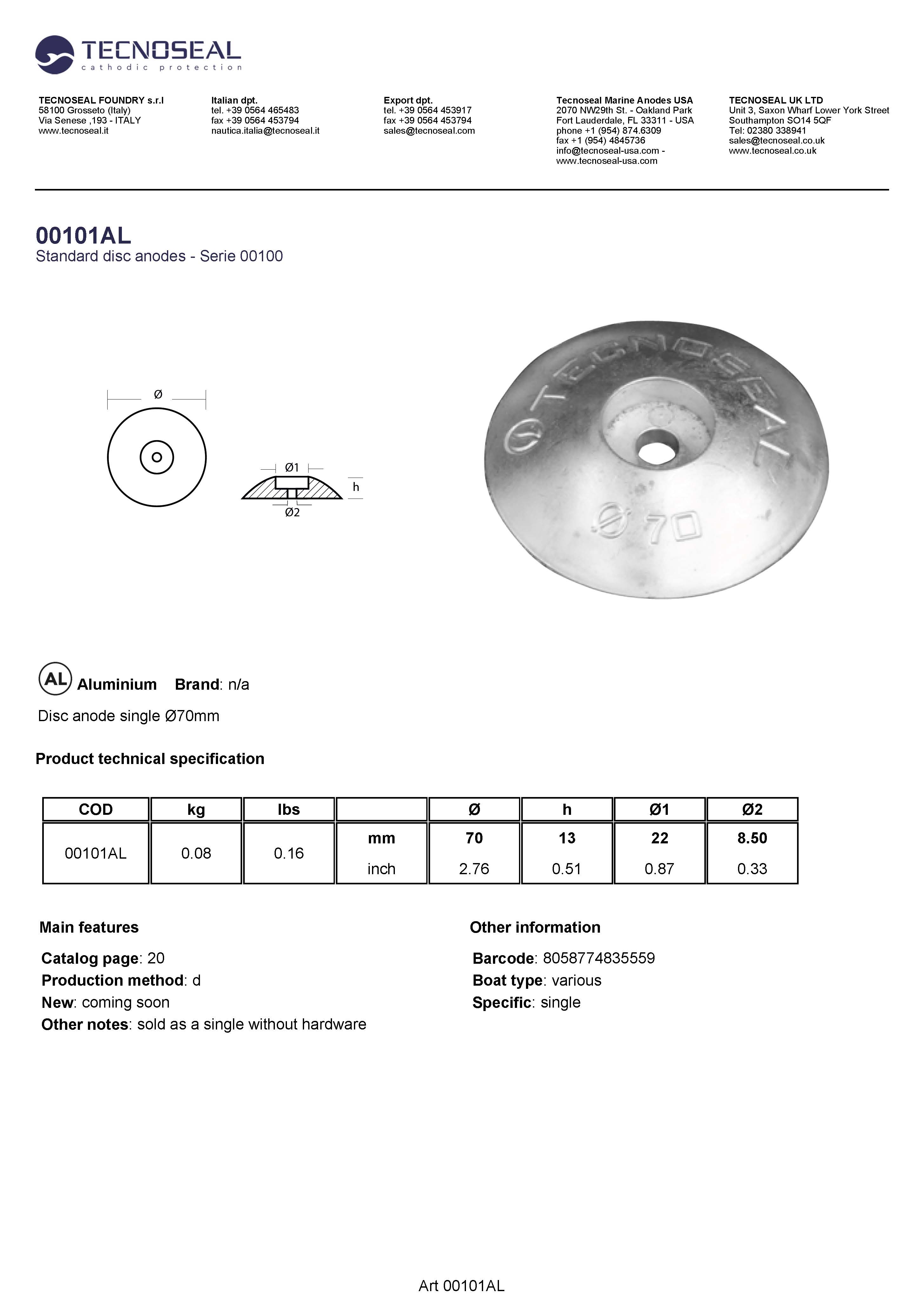 Disc anode single &Oslash;70mm - 00101al - 00101AL