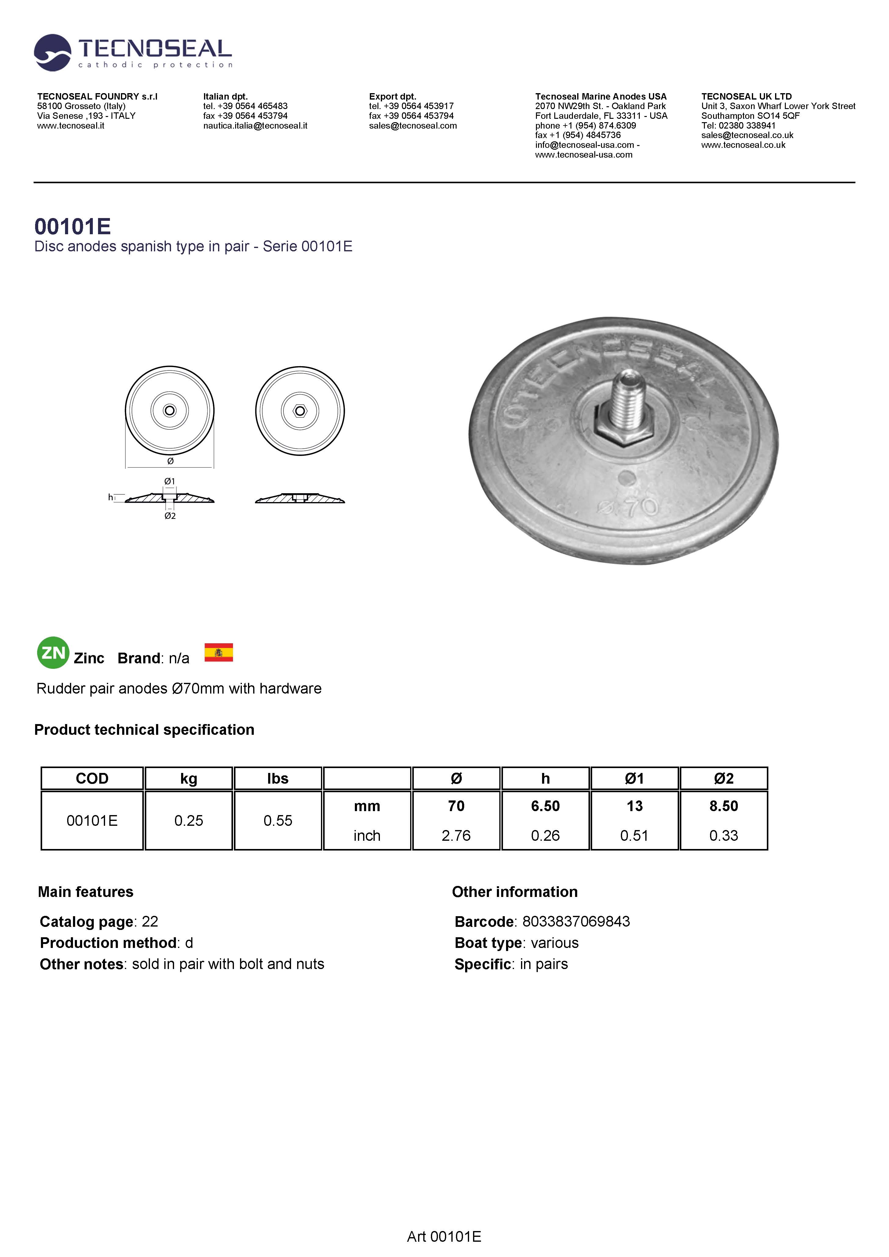 Rudder pair anodes &Oslash;70mm with hardware - 00101e 1 - 00101E