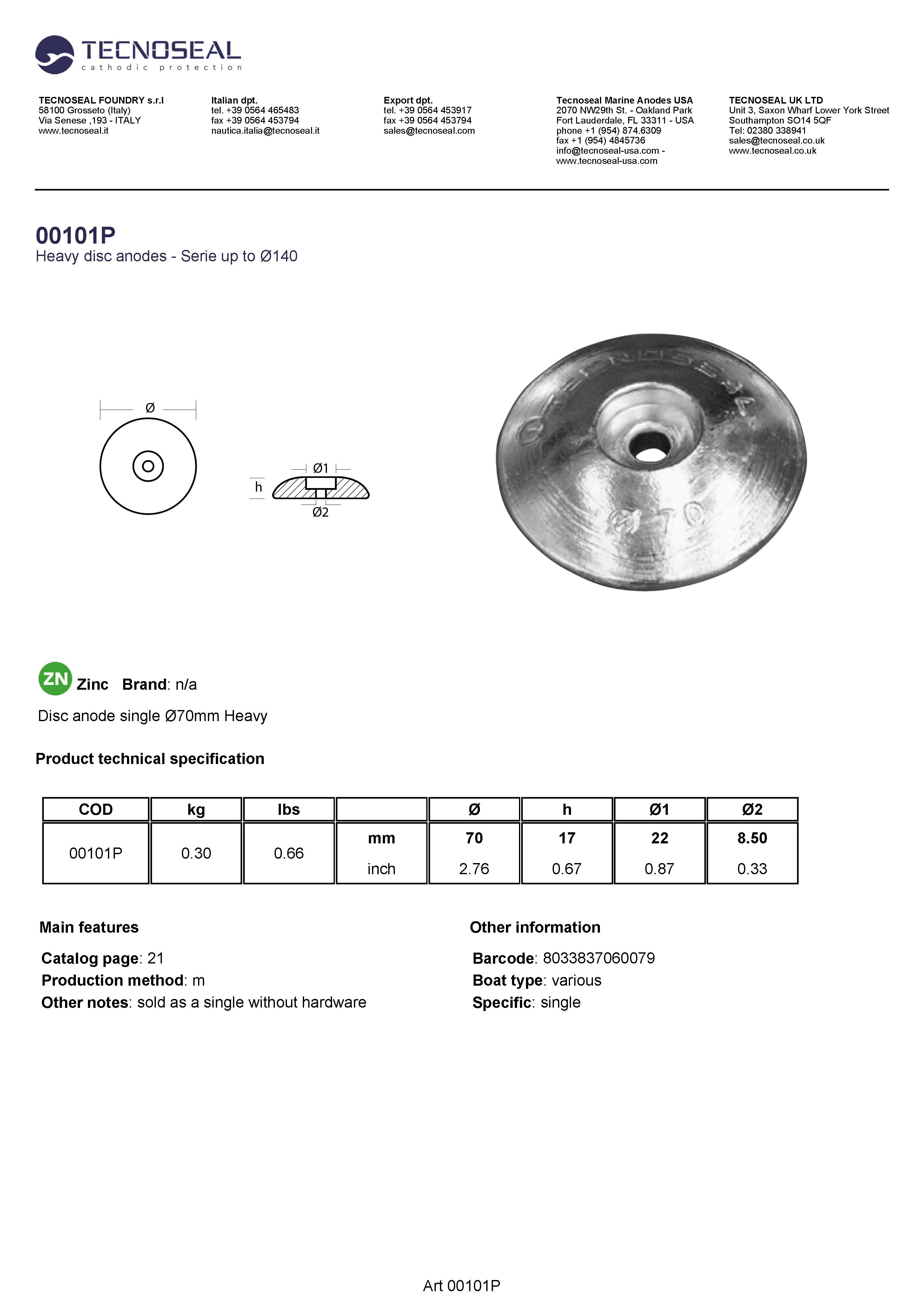 Disc anode single &Oslash;70mm Heavy - 00101p 1 - 00101P