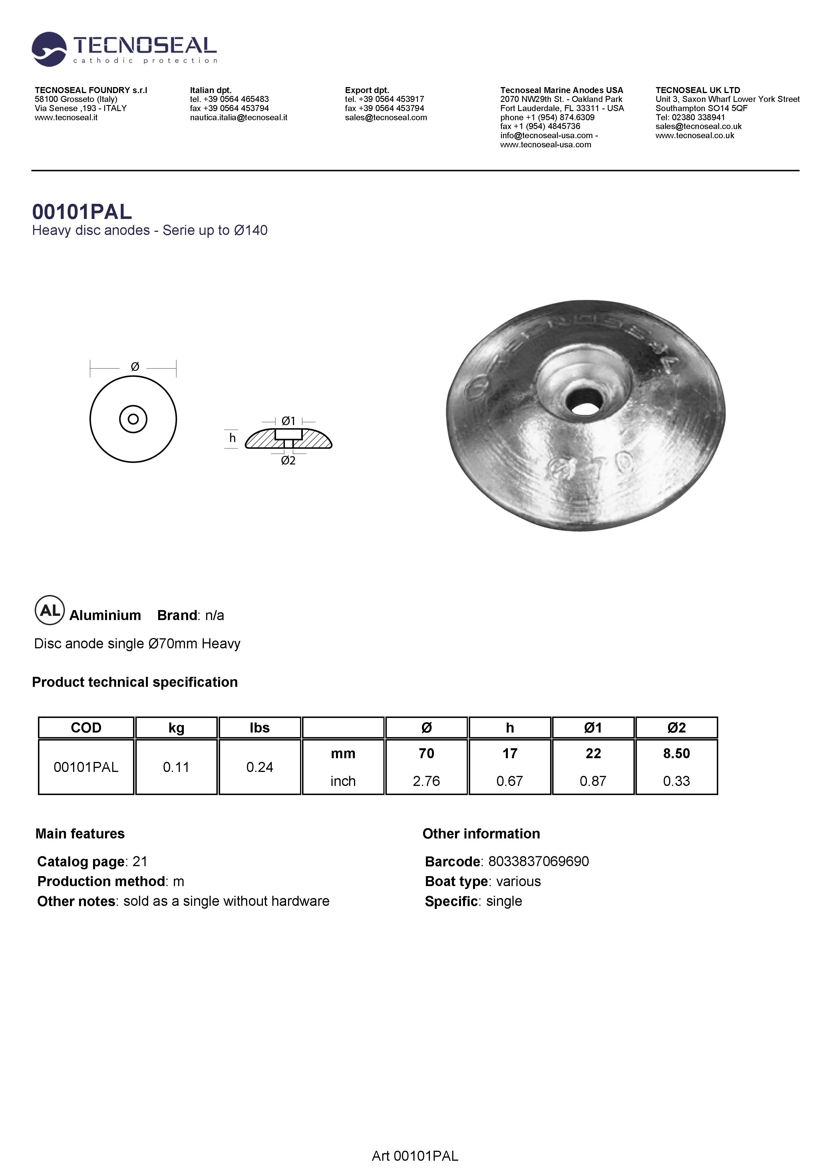 Disc anode single &Oslash;70mm Heavy - 00101pal - 00101PAL