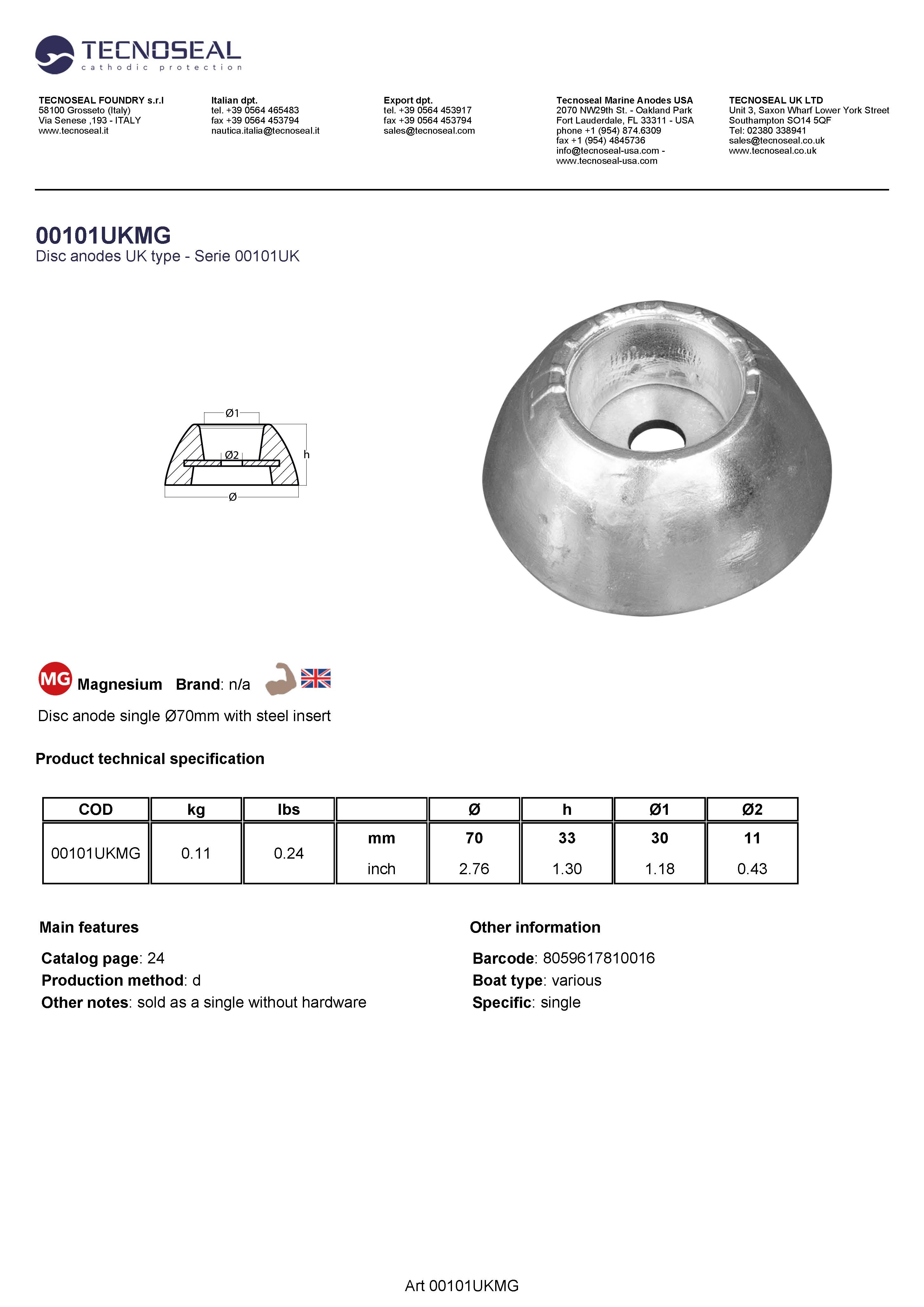 Disc anode single &Oslash;70mm with steel insert - 00101ukmg - 00101UKMG