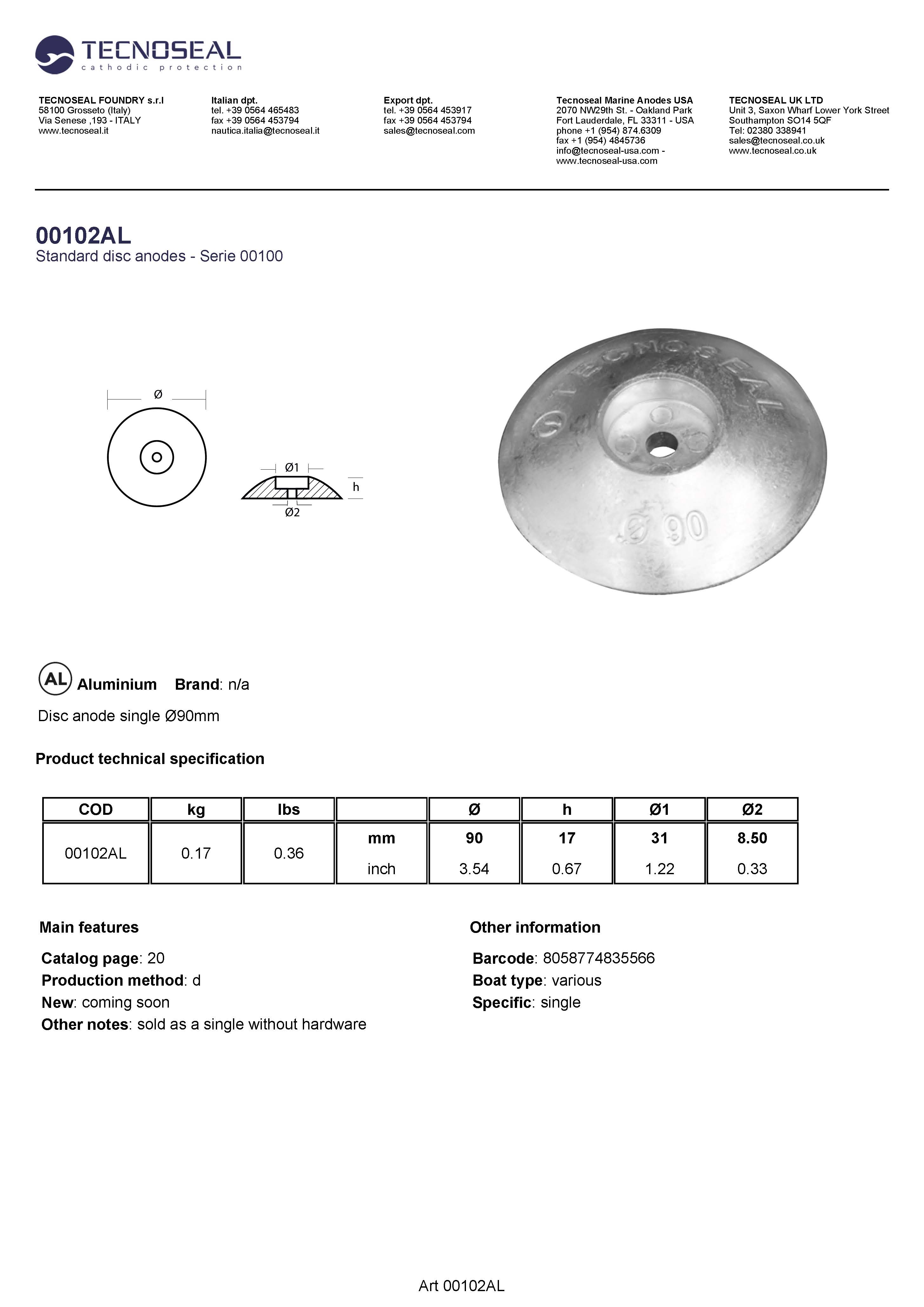 Disc anode single &Oslash;90mm - 00102al - 00102AL