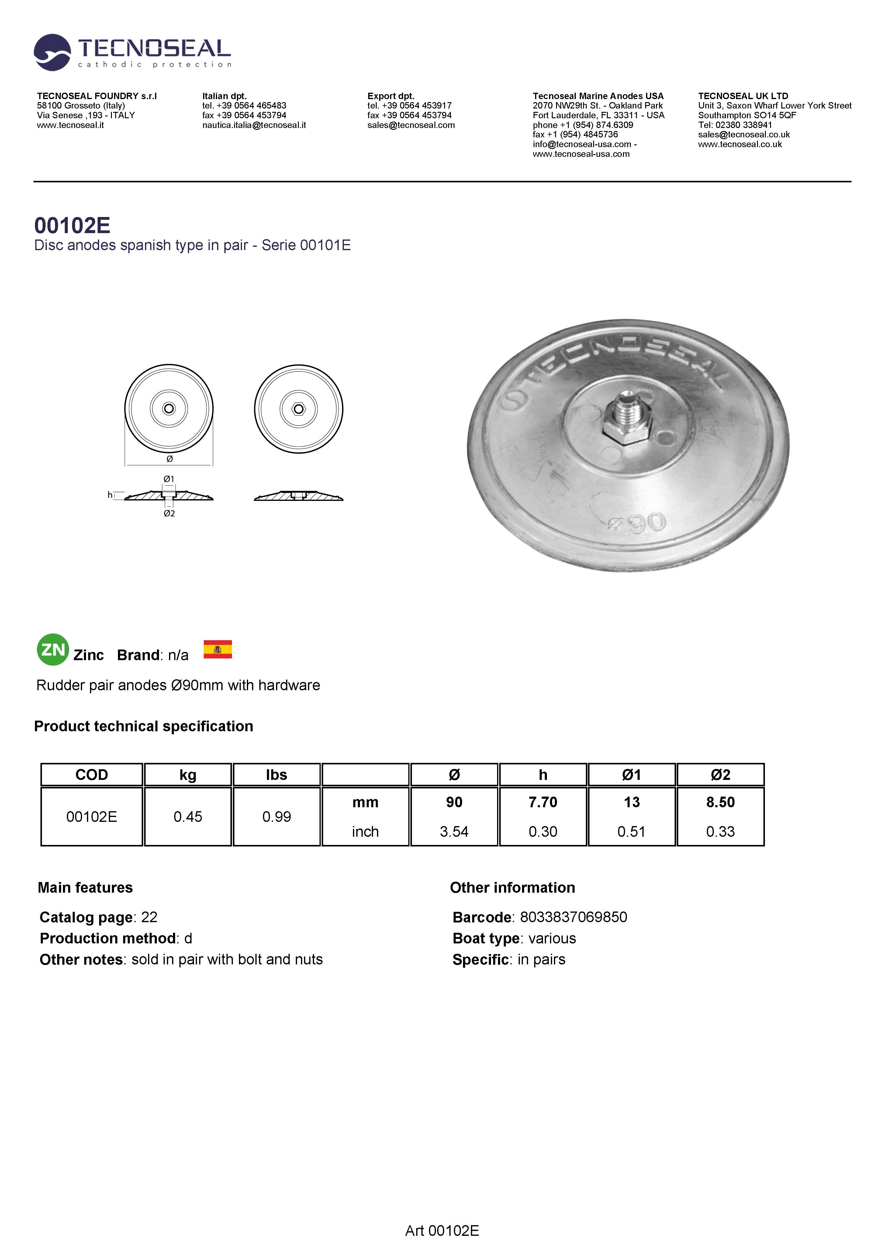 Rudder pair anodes &Oslash;90mm with hardware - 00102e 1 - 00102E