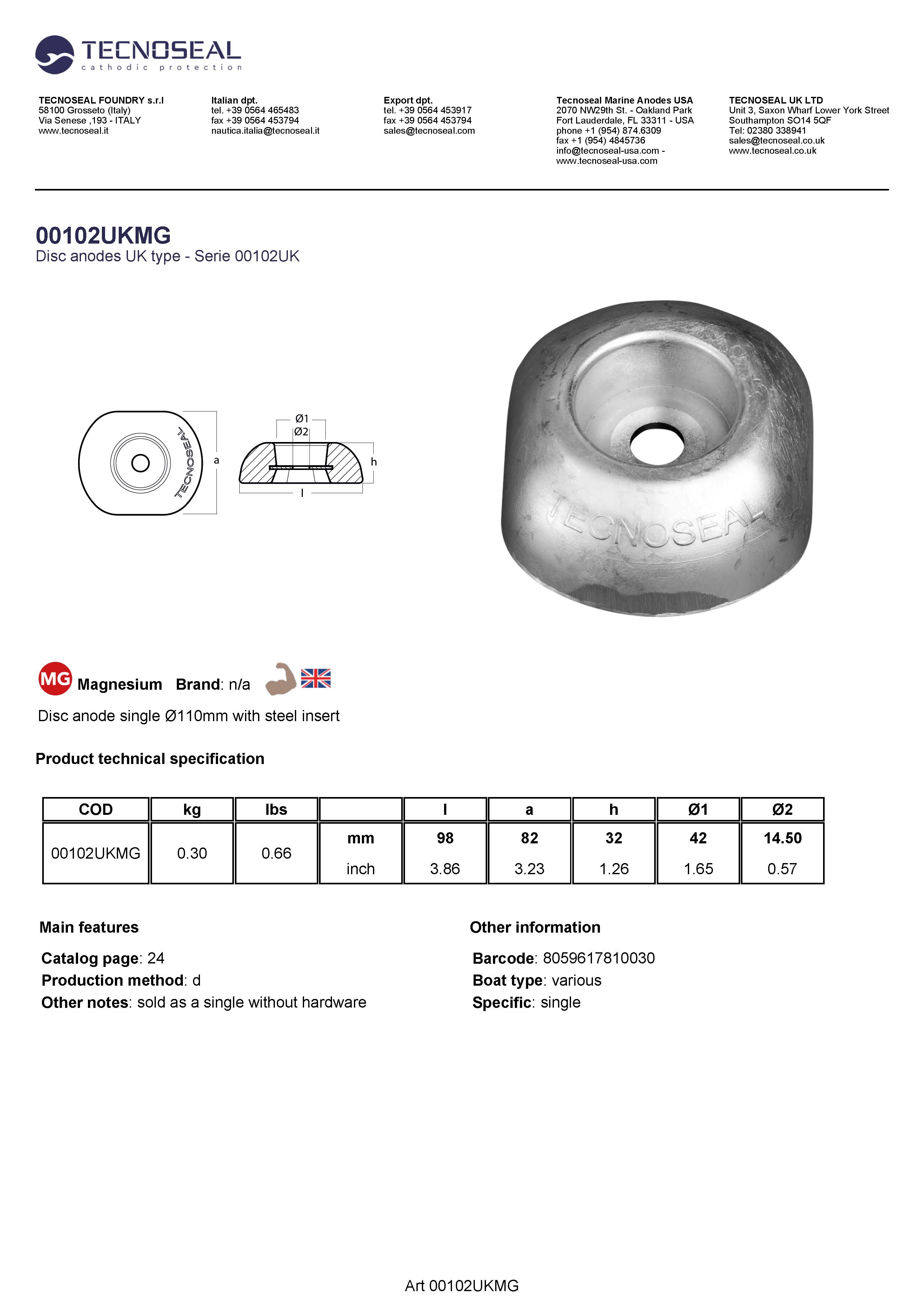 Disc anode single &Oslash;100mm with steel insert - 00102uk mg - 00102UKMG