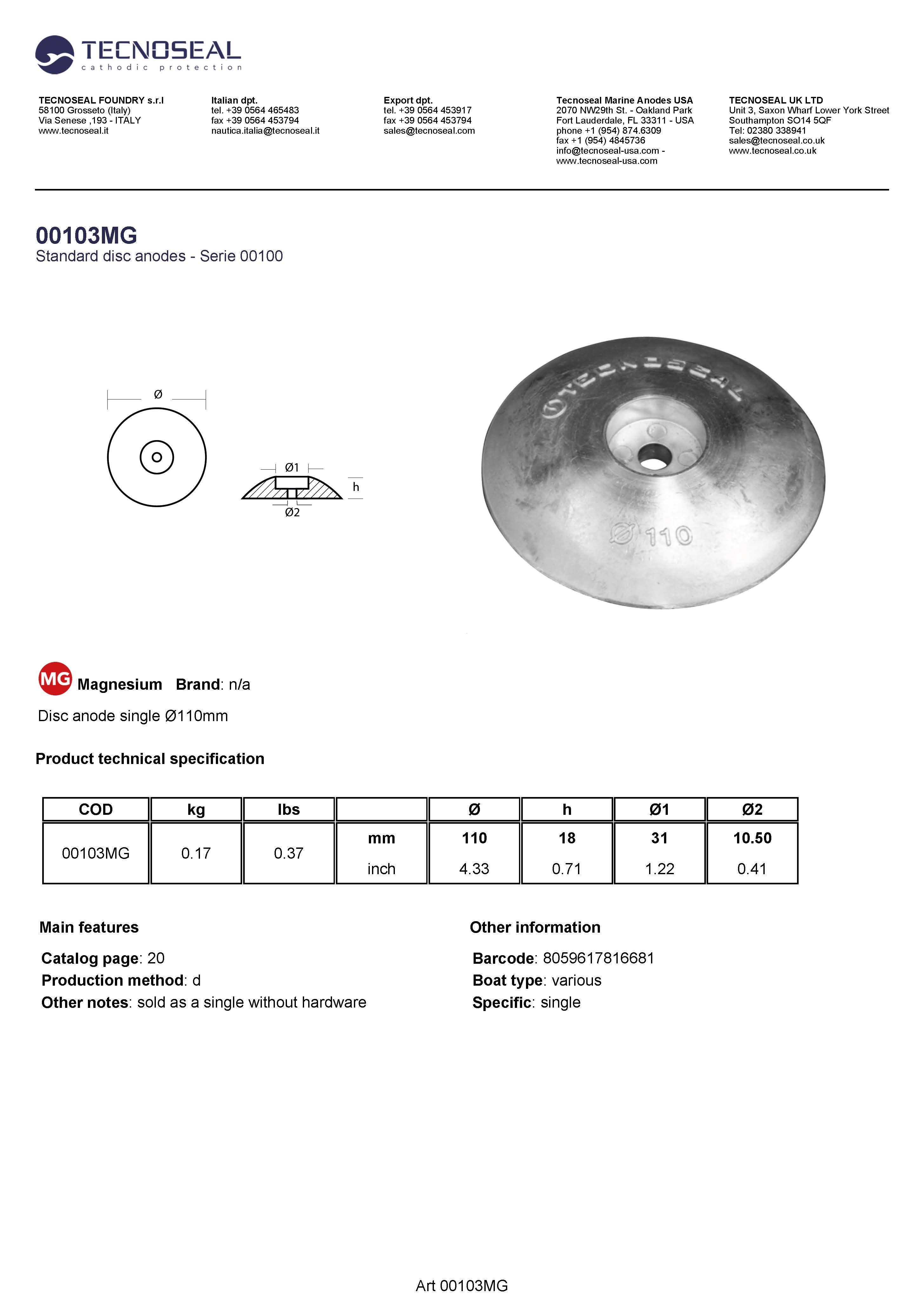 Disc anode single &Oslash;110mm - 00103mg - 00103MG