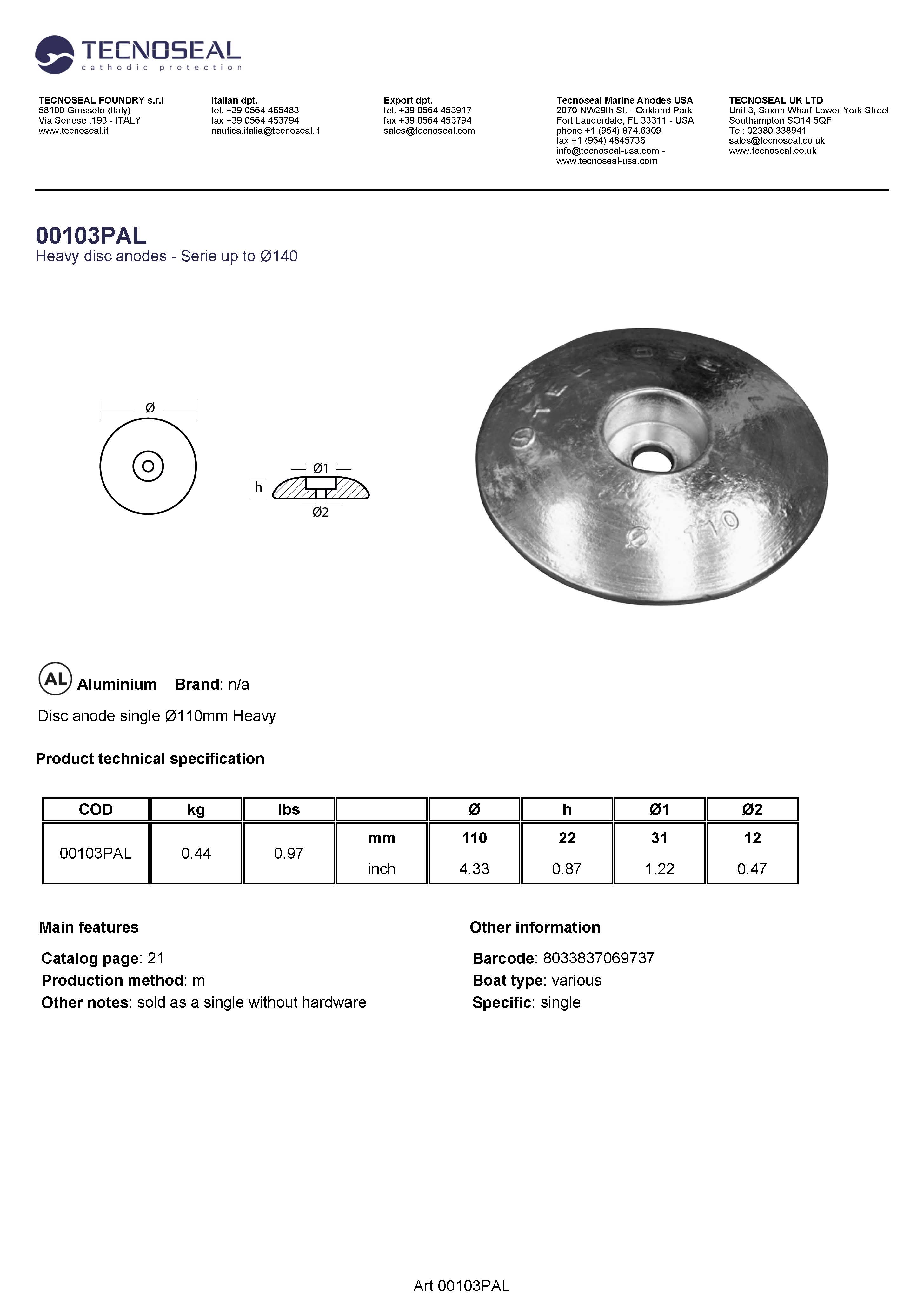 Disc anode single &Oslash;110mm Heavy - 00103pal - 00103PAL