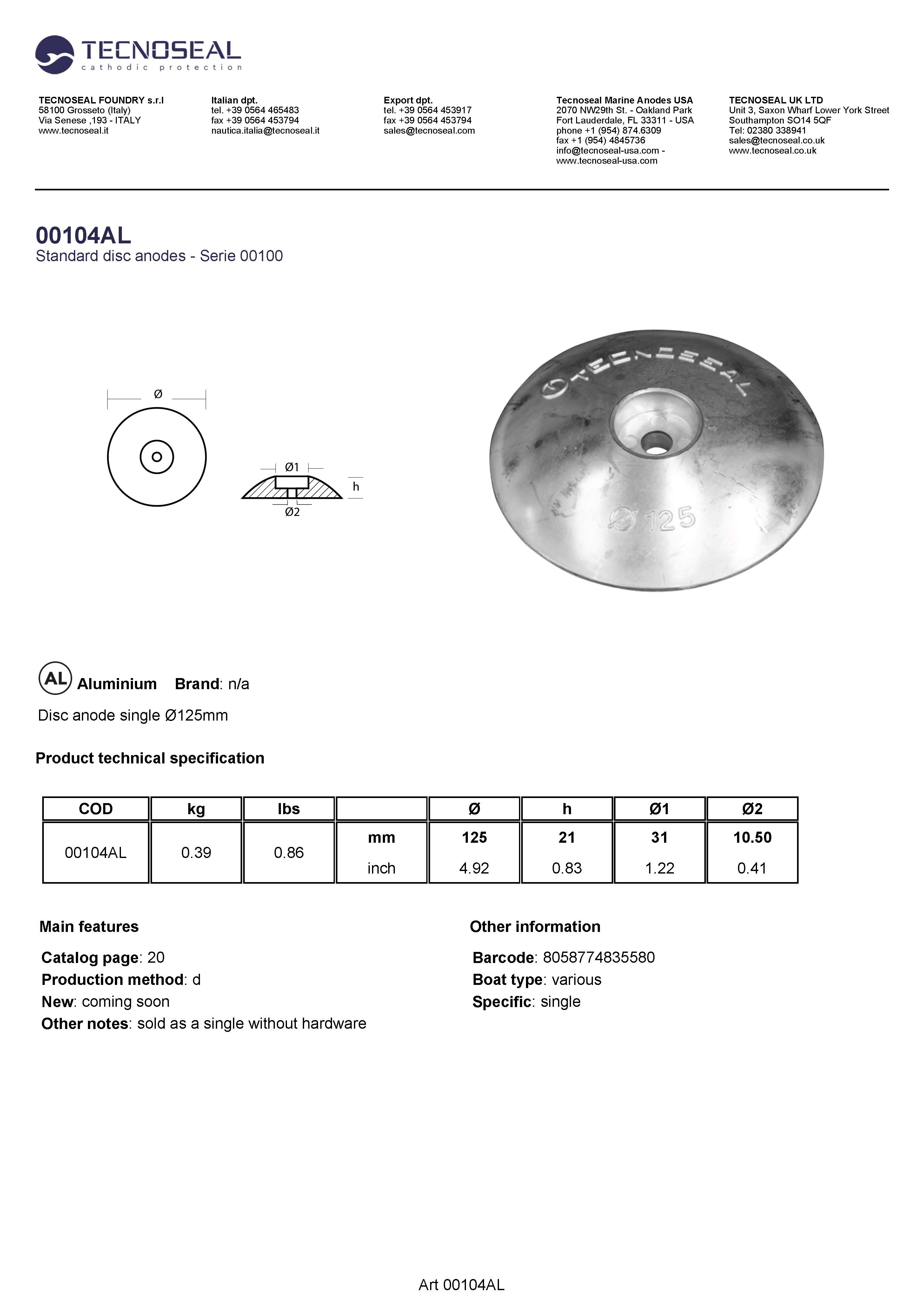 Disc anode single &Oslash;125mm - 00104al - 00104AL