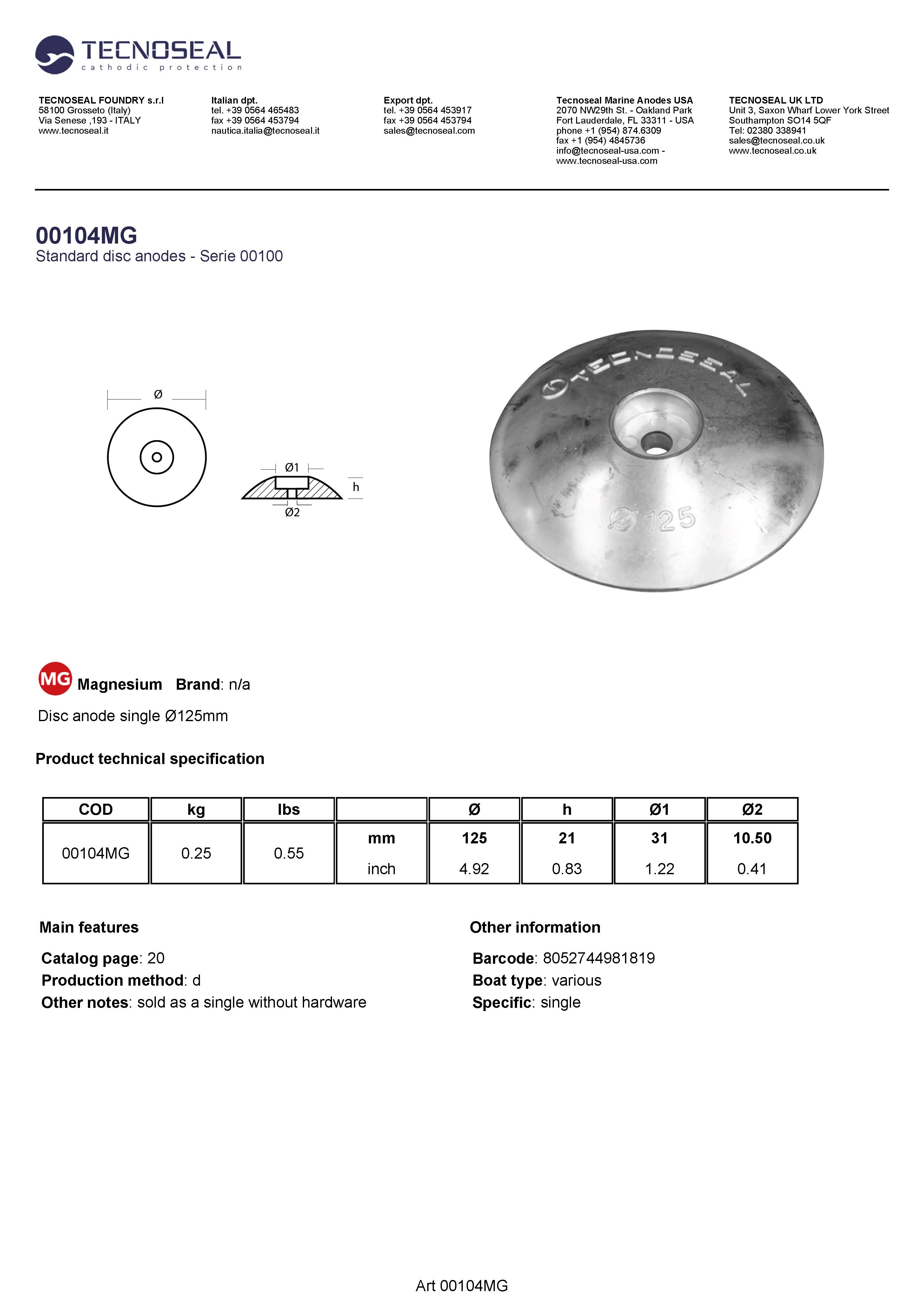 Disc anode single &Oslash;125mm - 00104mg - 00104MG