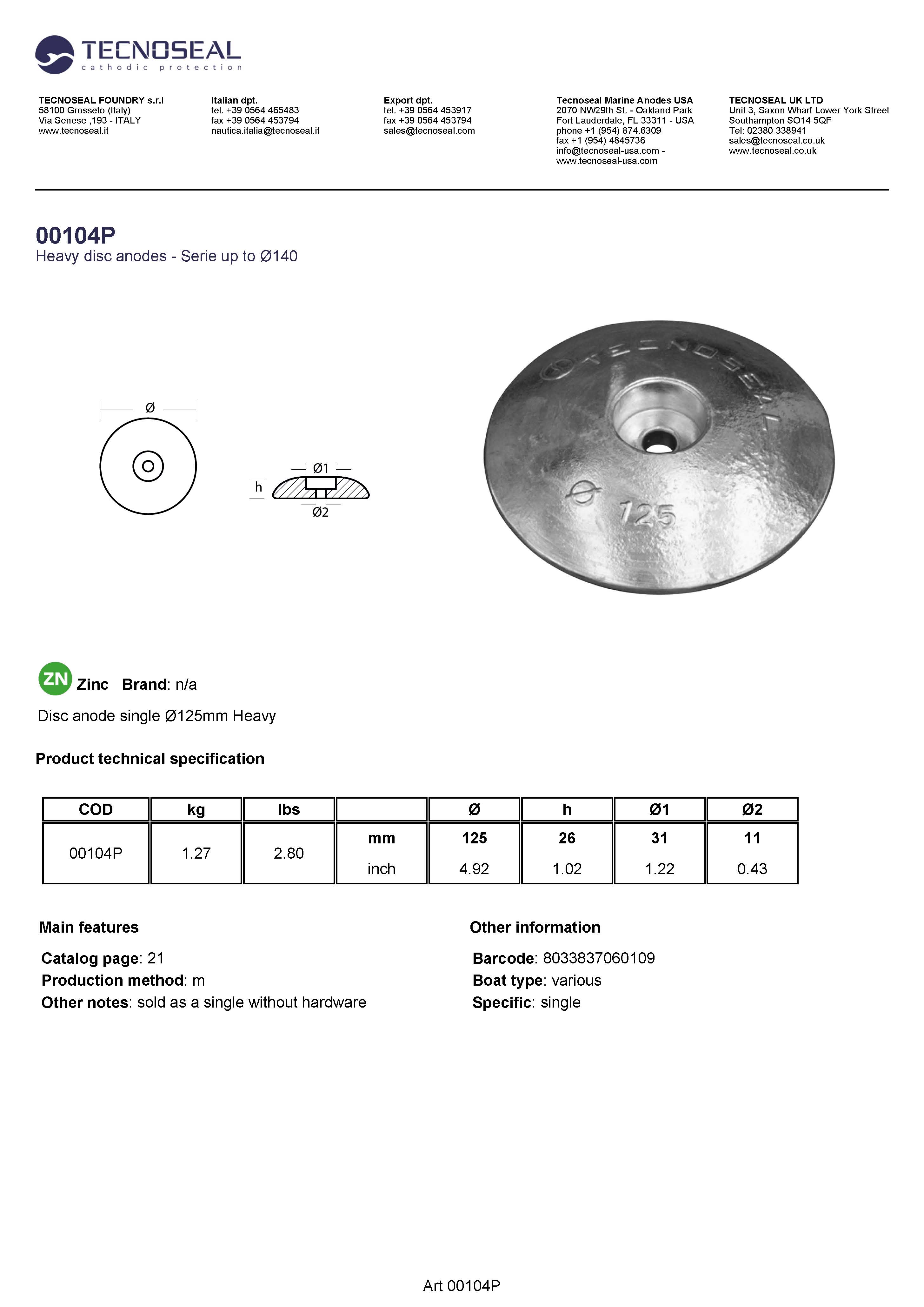 Disc anode single &Oslash;125mm Heavy - 00104p 1 - 00104P