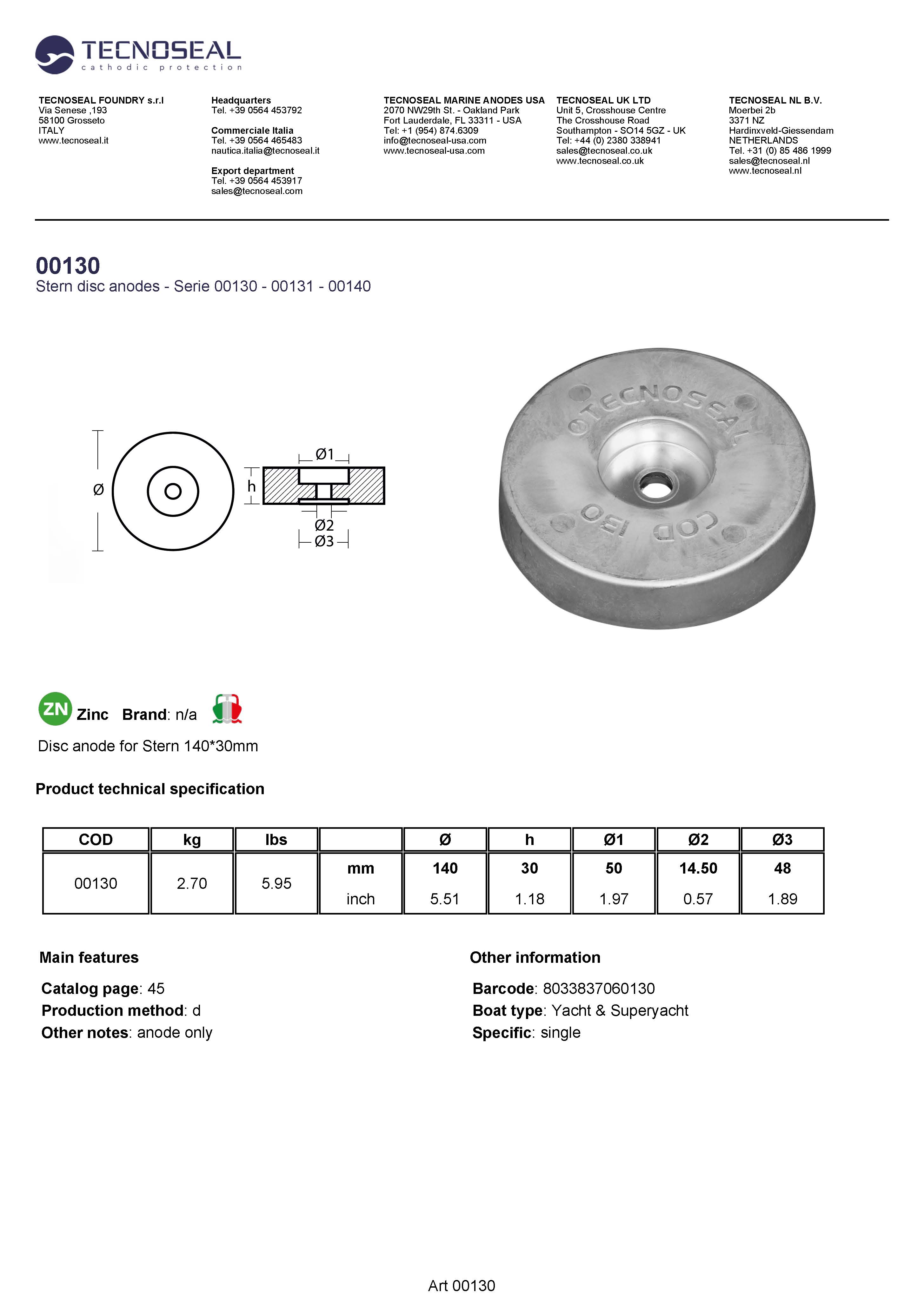Disc anode for Stern 140*30mm - 00130 1 - 00130