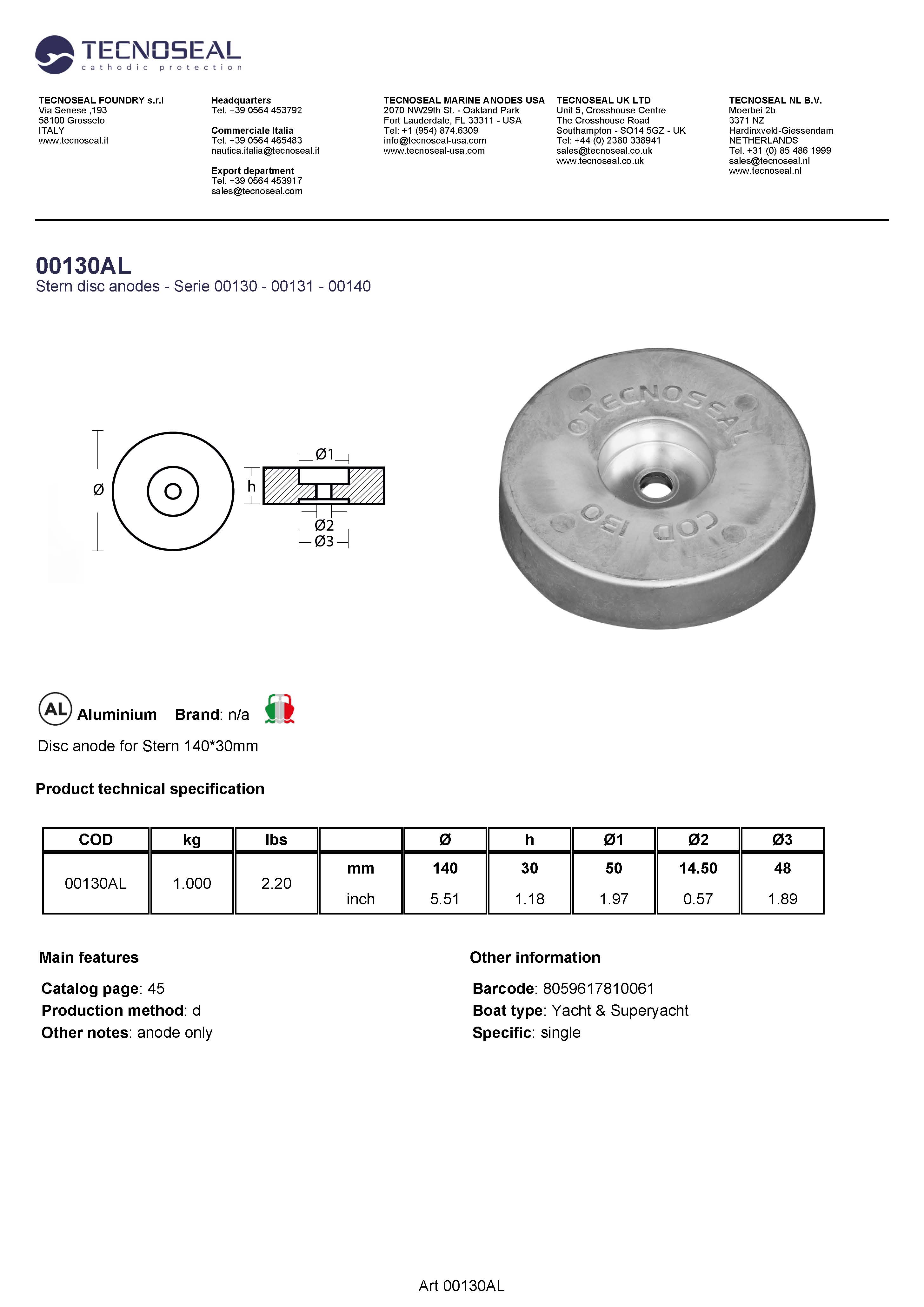 Disc anode for Stern 140*30mm - 00130al 1 - 00130AL