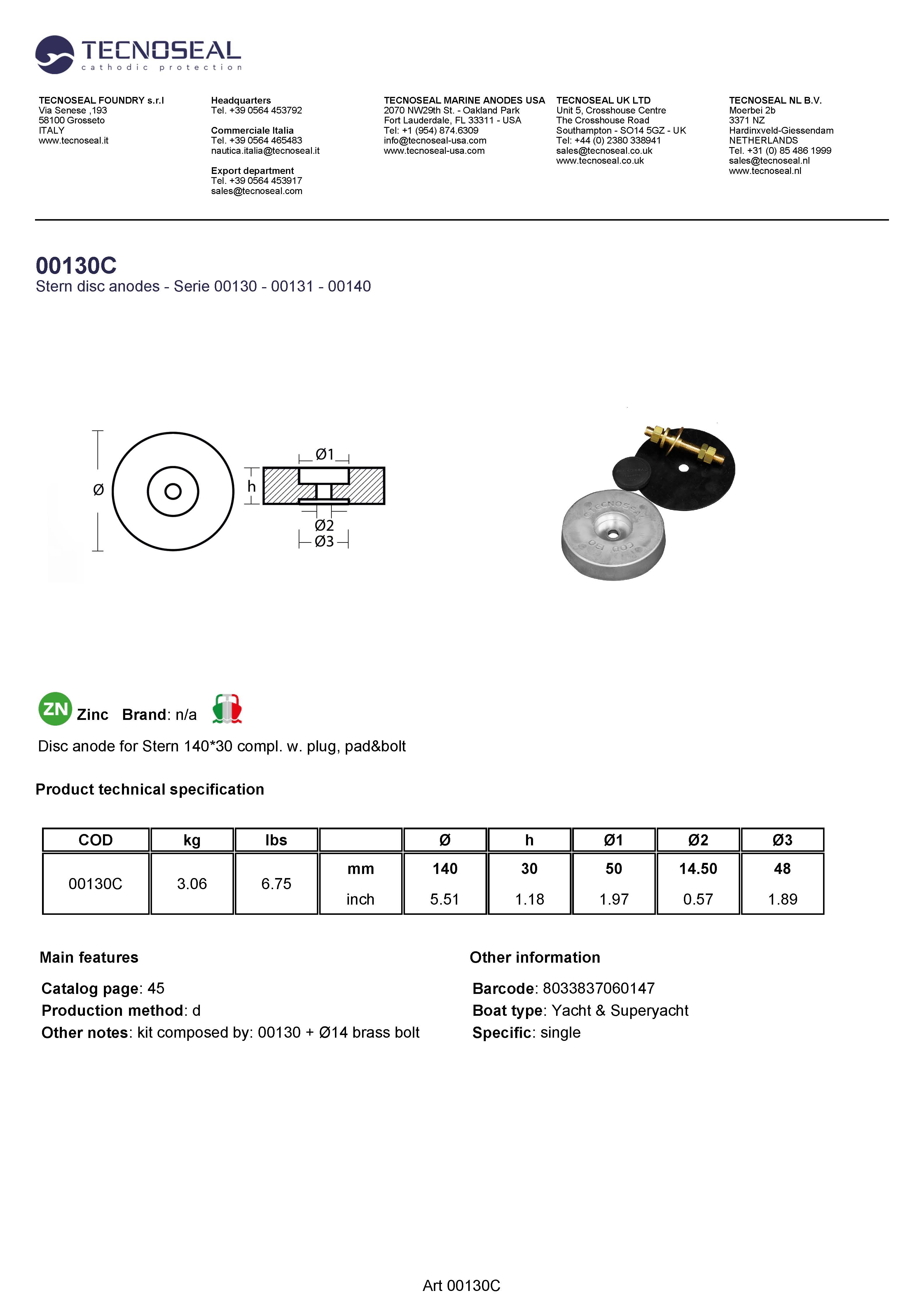 Disc anode for Stern 140*30 compl. w. plug, pad&bolt - 00130c 1 - 00130C