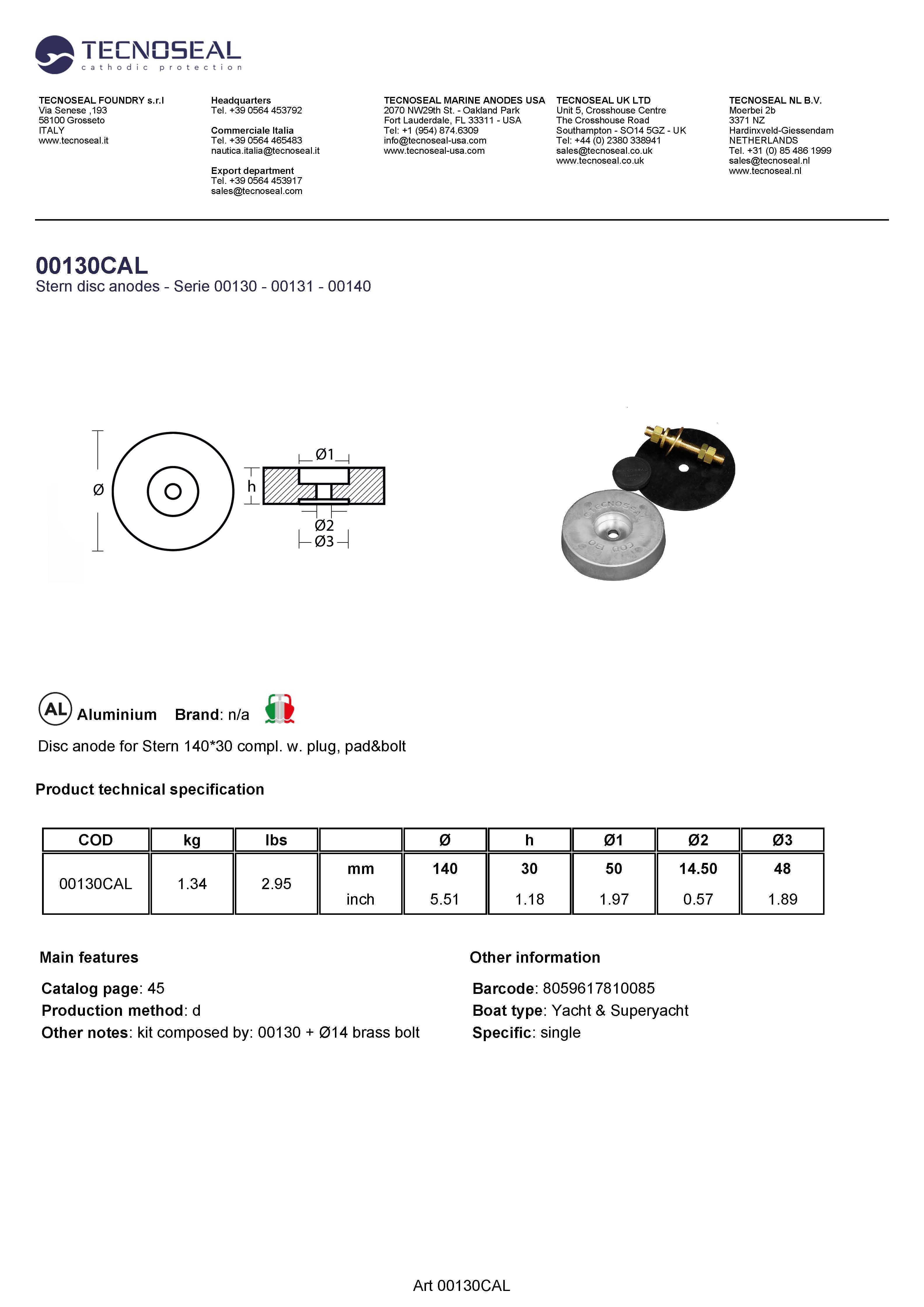 Disc anode for Stern 140*30 compl. w. plug, pad&bolt - 00130cal - 00130CAL