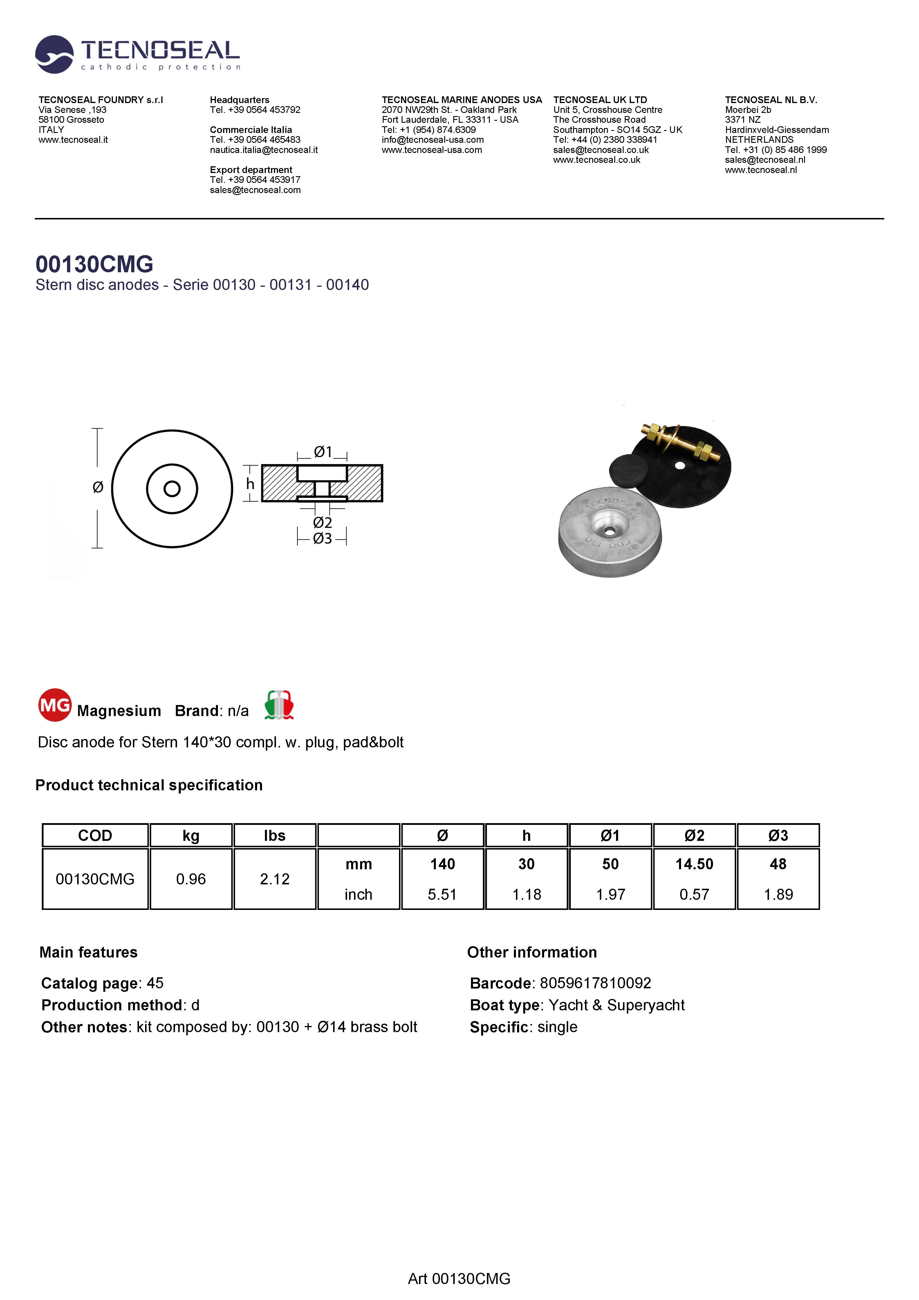 Disc anode for Stern 140*30 compl. w. plug, pad&bolt - 00130cmg - 00130CMG