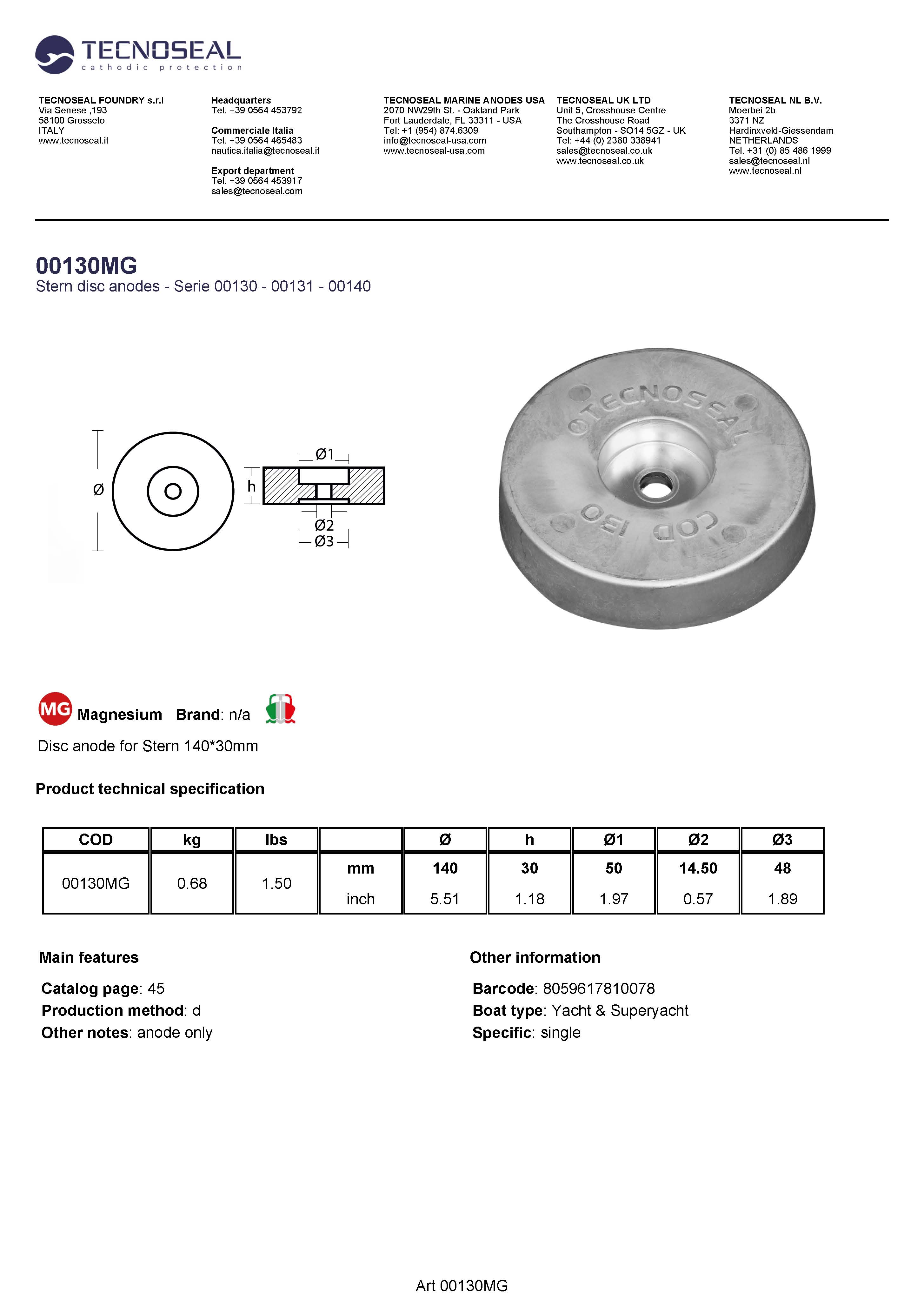 Disc anode for Stern 140*30mm - 00130mg - 00130MG
