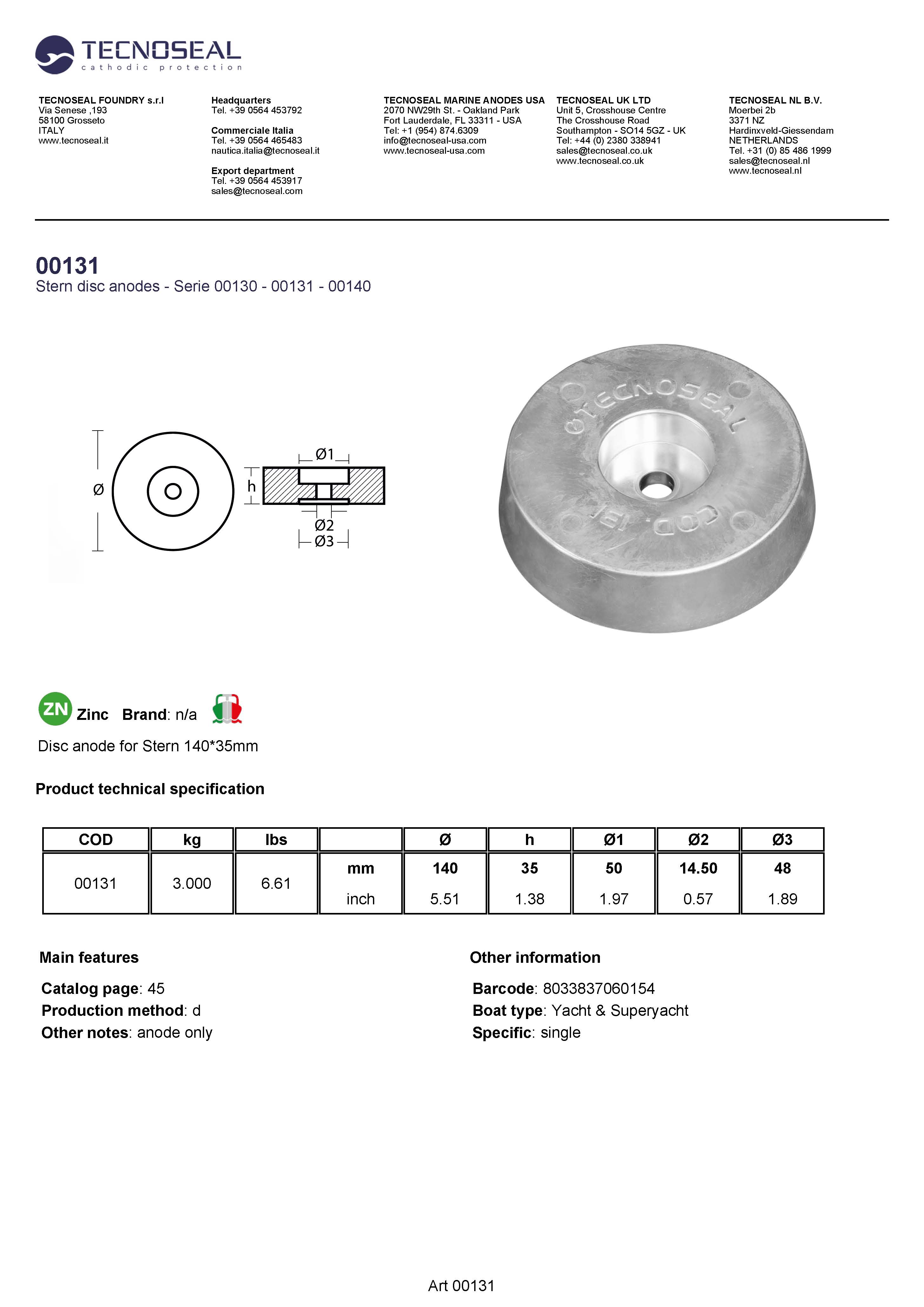 Disc anode for Stern 140*35mm - 00131 1 - 00131