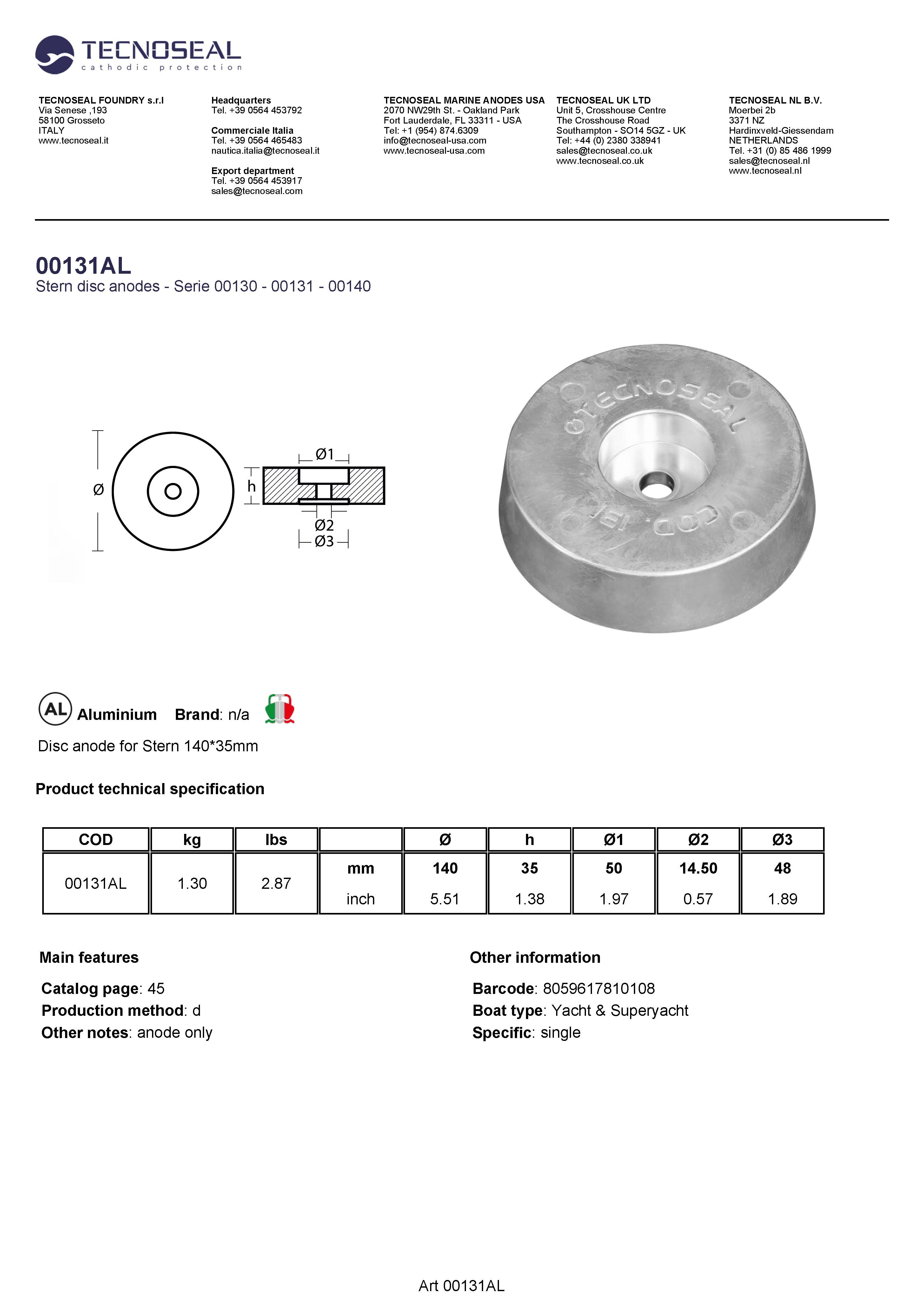 Disc anode for Stern 140*35mm - 00131al - 00131AL