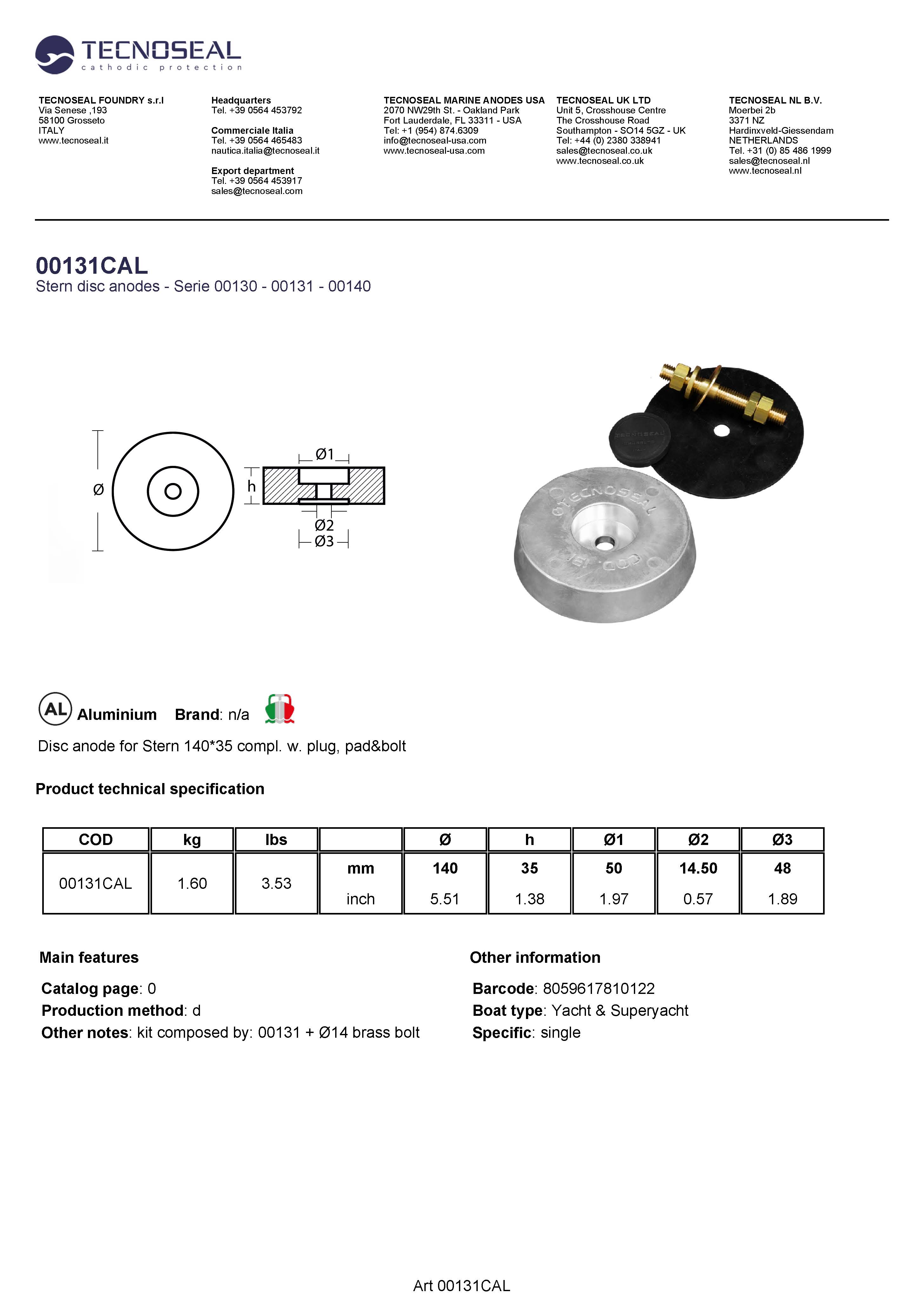 Disc anode for Stern 140*35 compl. w. plug, pad&bolt - 00131cal - 00131CAL