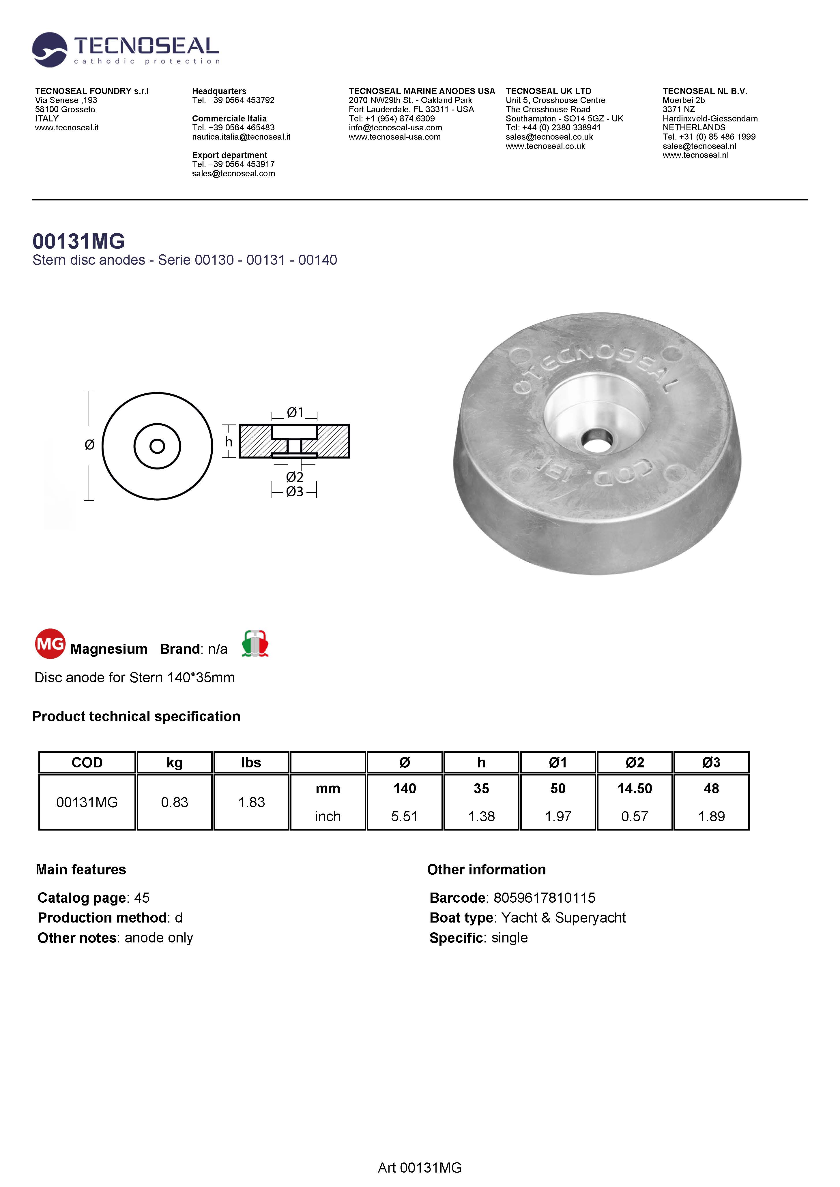 Disc anode for Stern 140*35mm - 00131mg - 00131MG