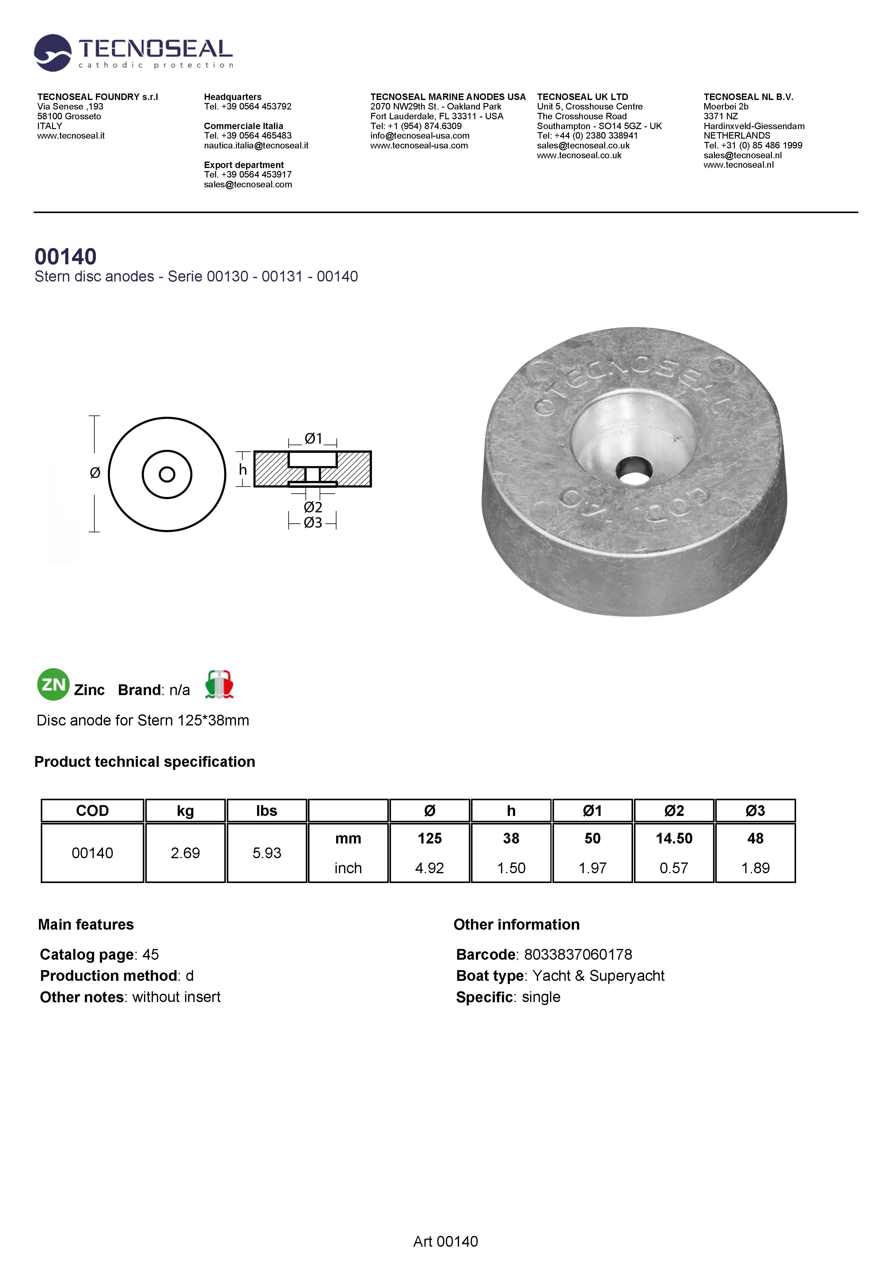 Disc anode for Stern 125*38mm - 00140 1 - 00140