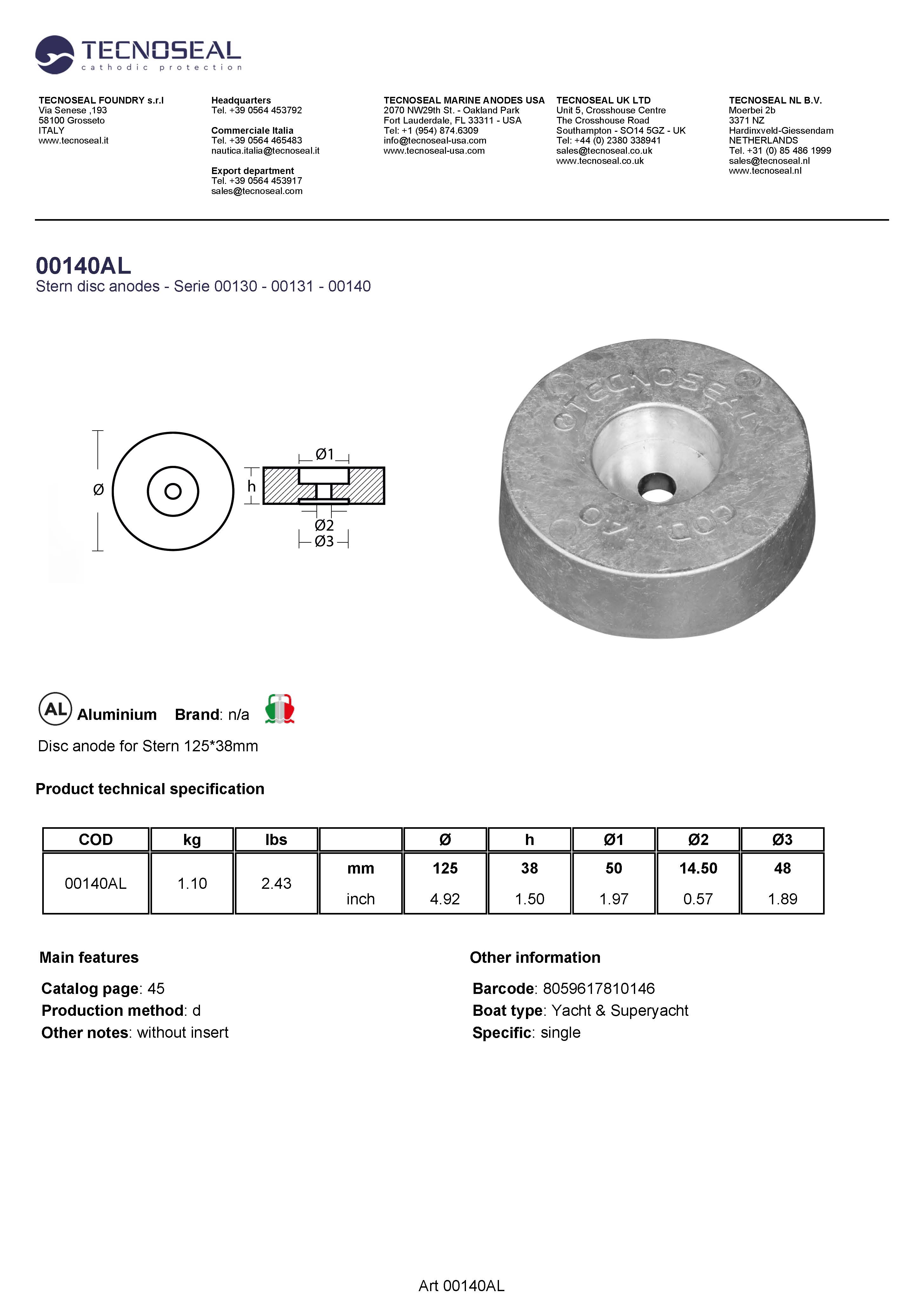 Disc anode for Stern 125*38mm - 00140al - 00140AL