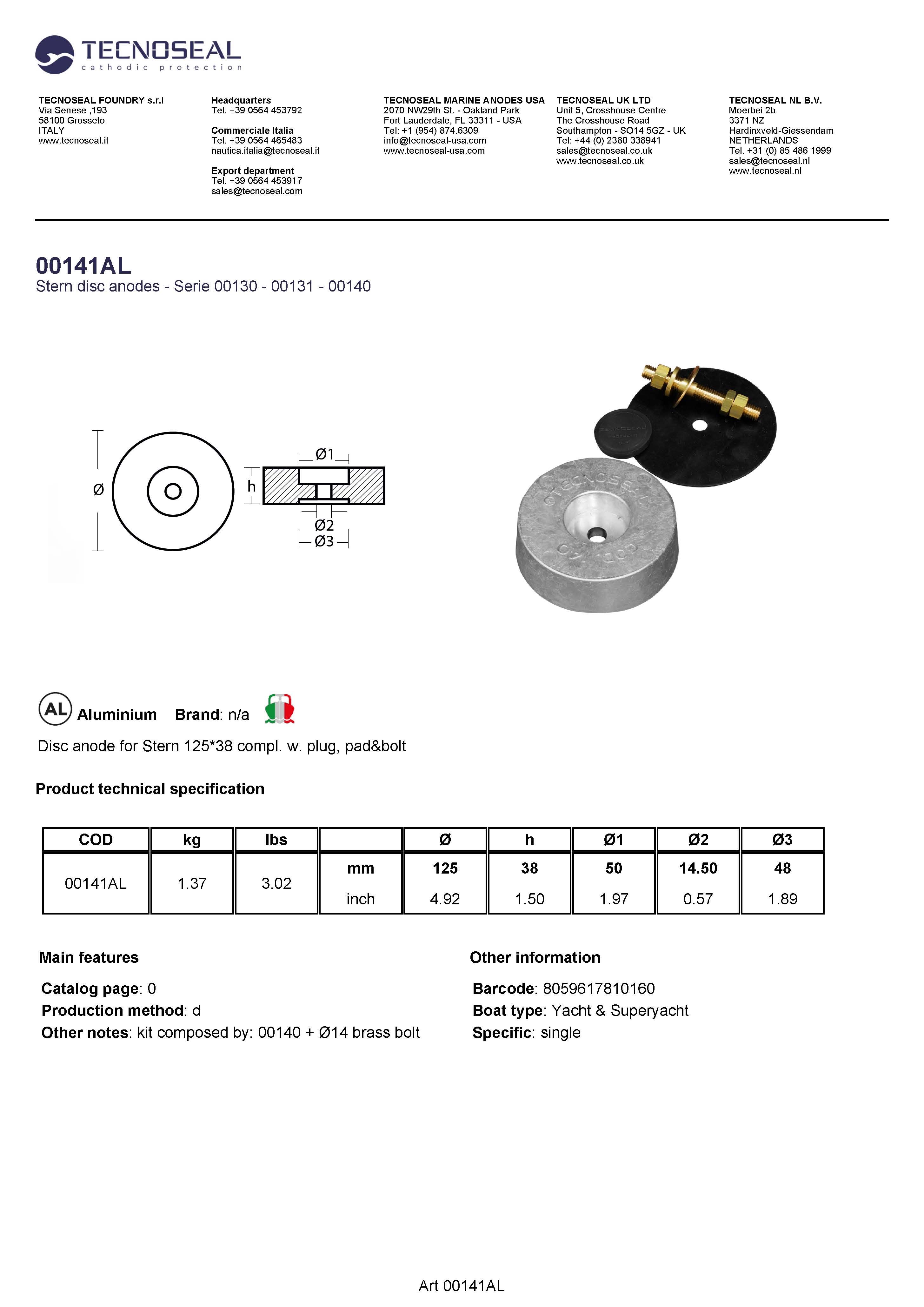 Disc anode for Stern 125*38 compl. w. plug, pad&bolt - 00141al - 00141AL