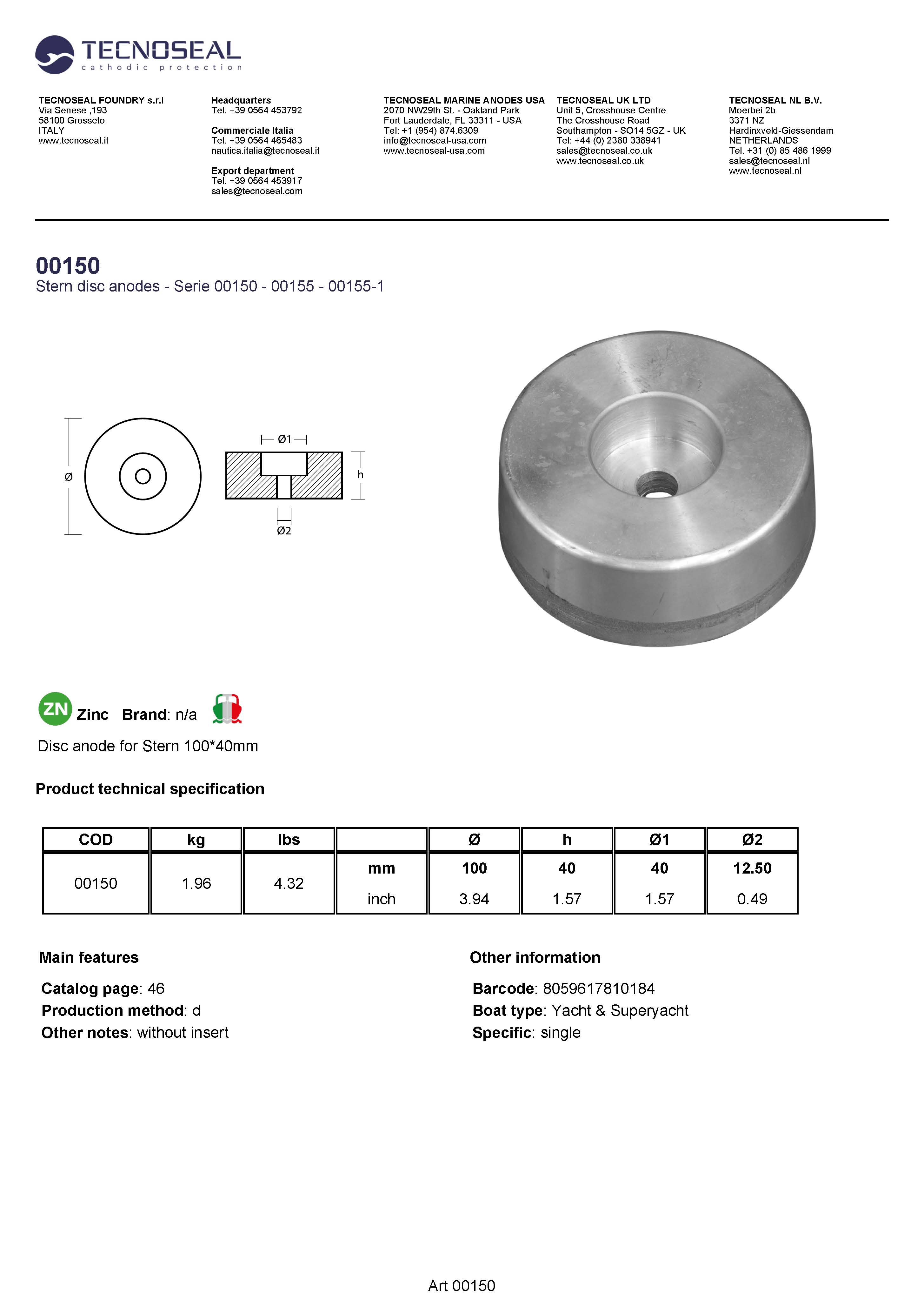 Disc anode for Stern 100*40mm - 00150 2 - 00150
