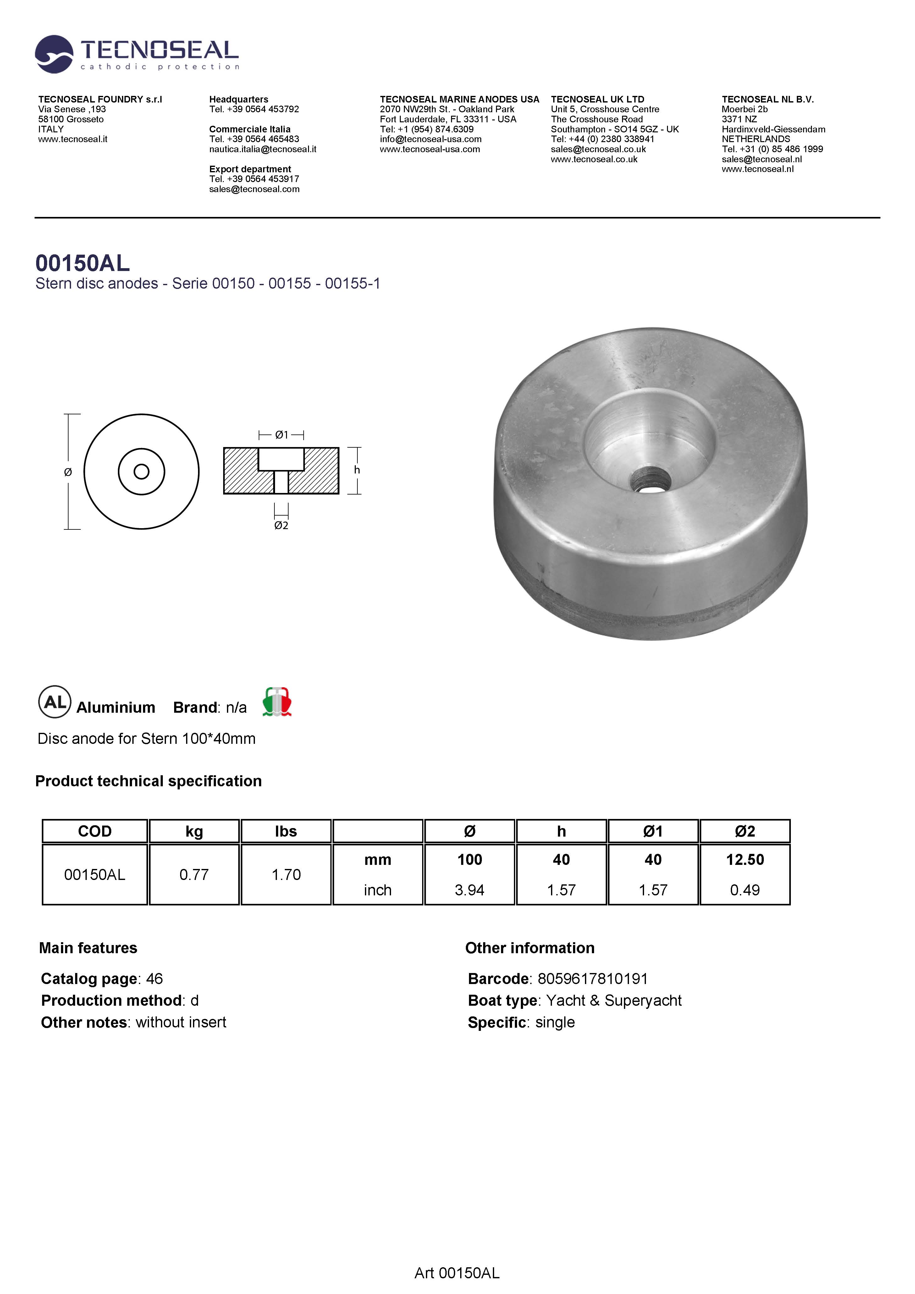 Disc anode for Stern 100*40mm - 00150al 1 - 00150AL
