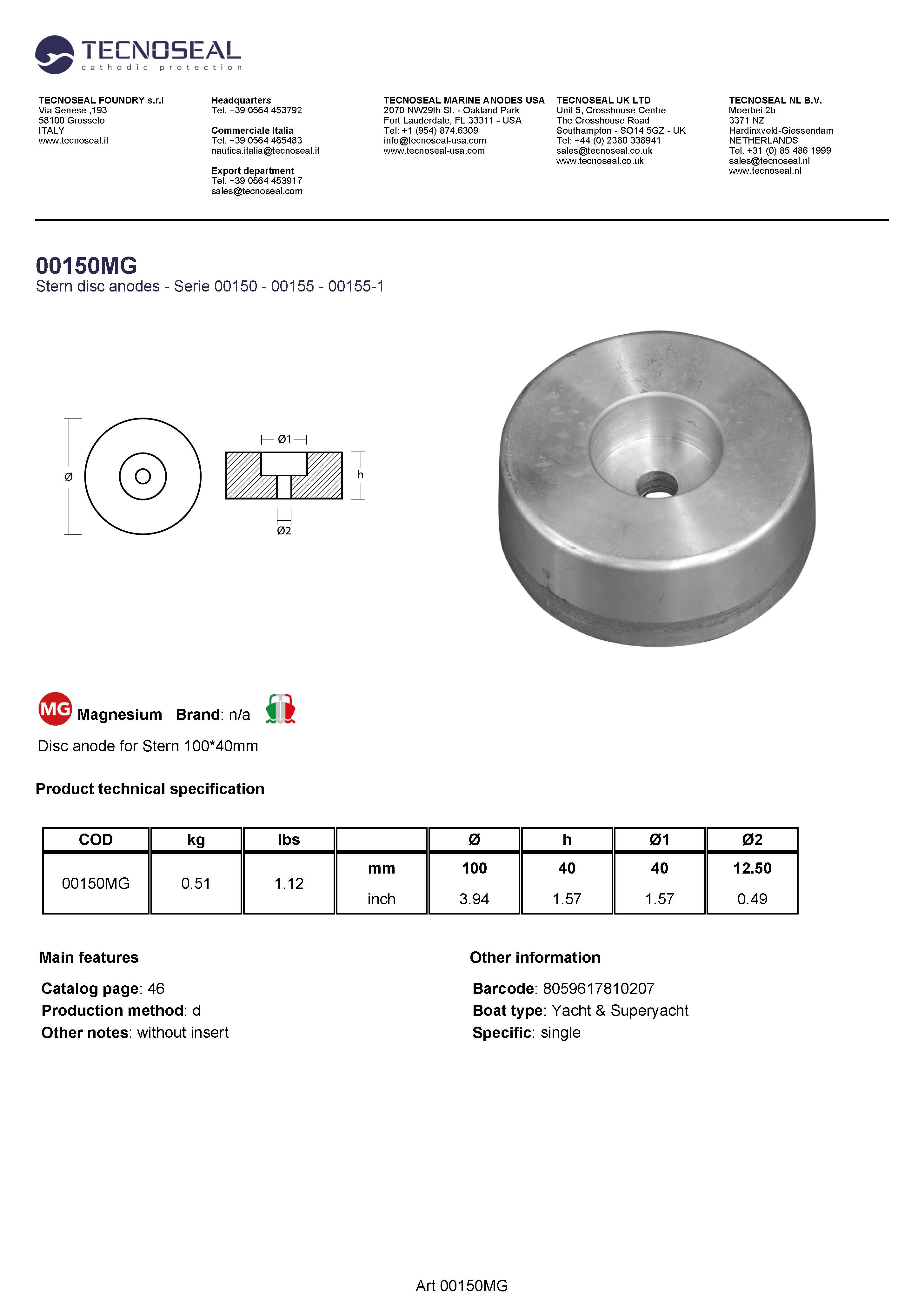 Disc anode for Stern 100*40mm - 00150mg 1 - 00150MG