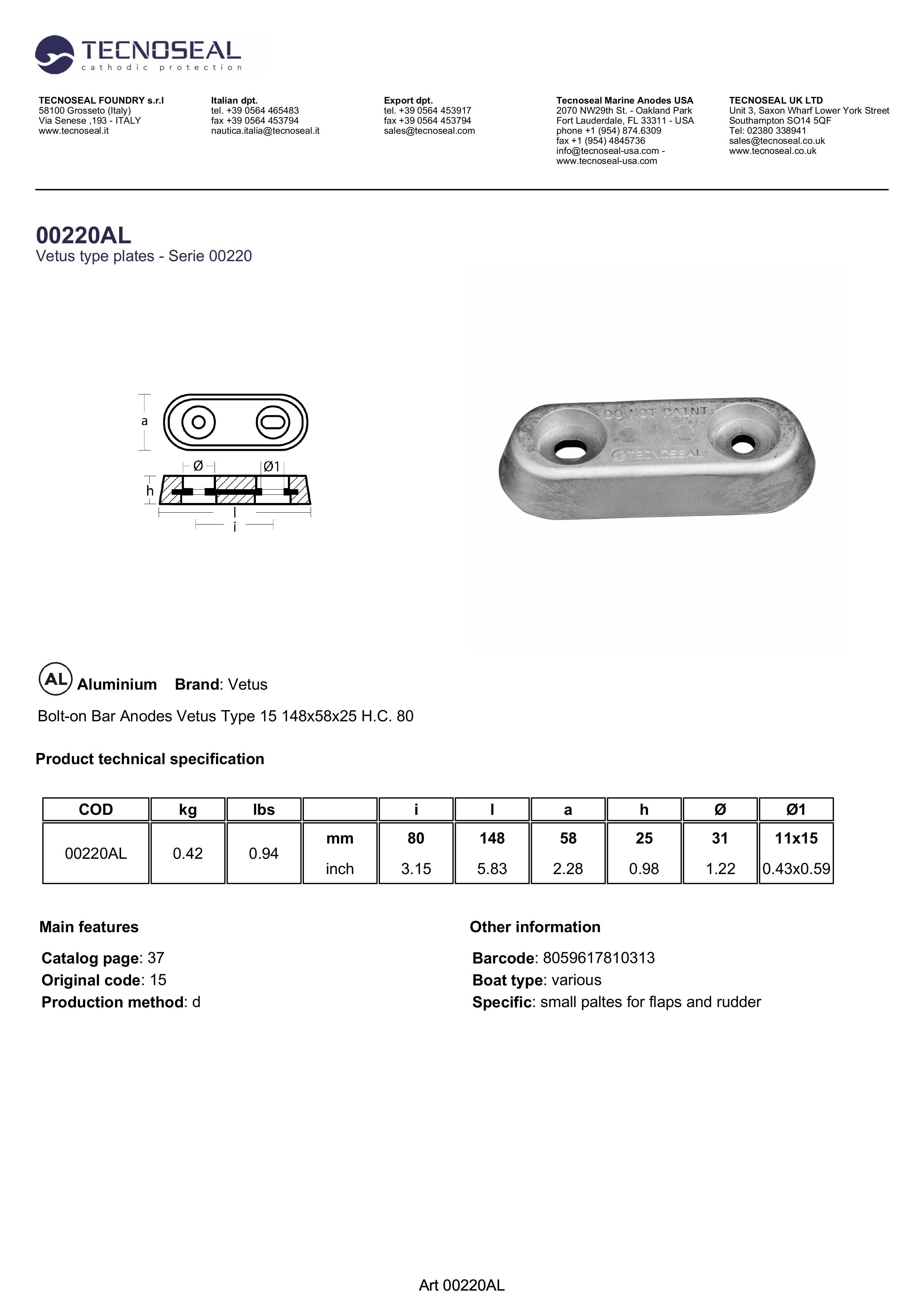 Bolt-on Bar Anodes Vetus Type 15 150x60x25 H.C. 80 - 00220al - 00220AL