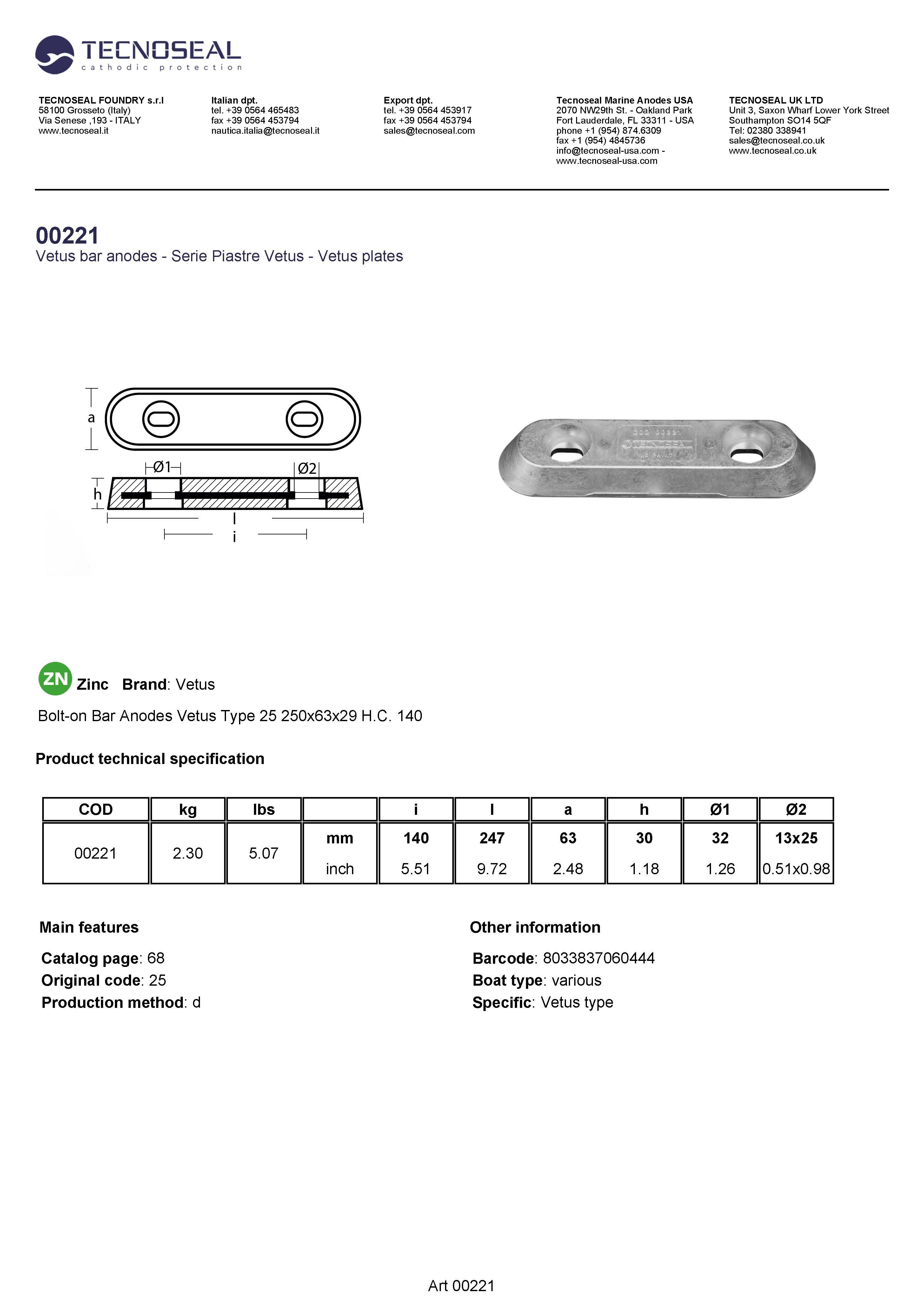 Bolt-on Bar Anodes Vetus Type 25 250x63x29 H.C. 140 - 00221 1 - 00221