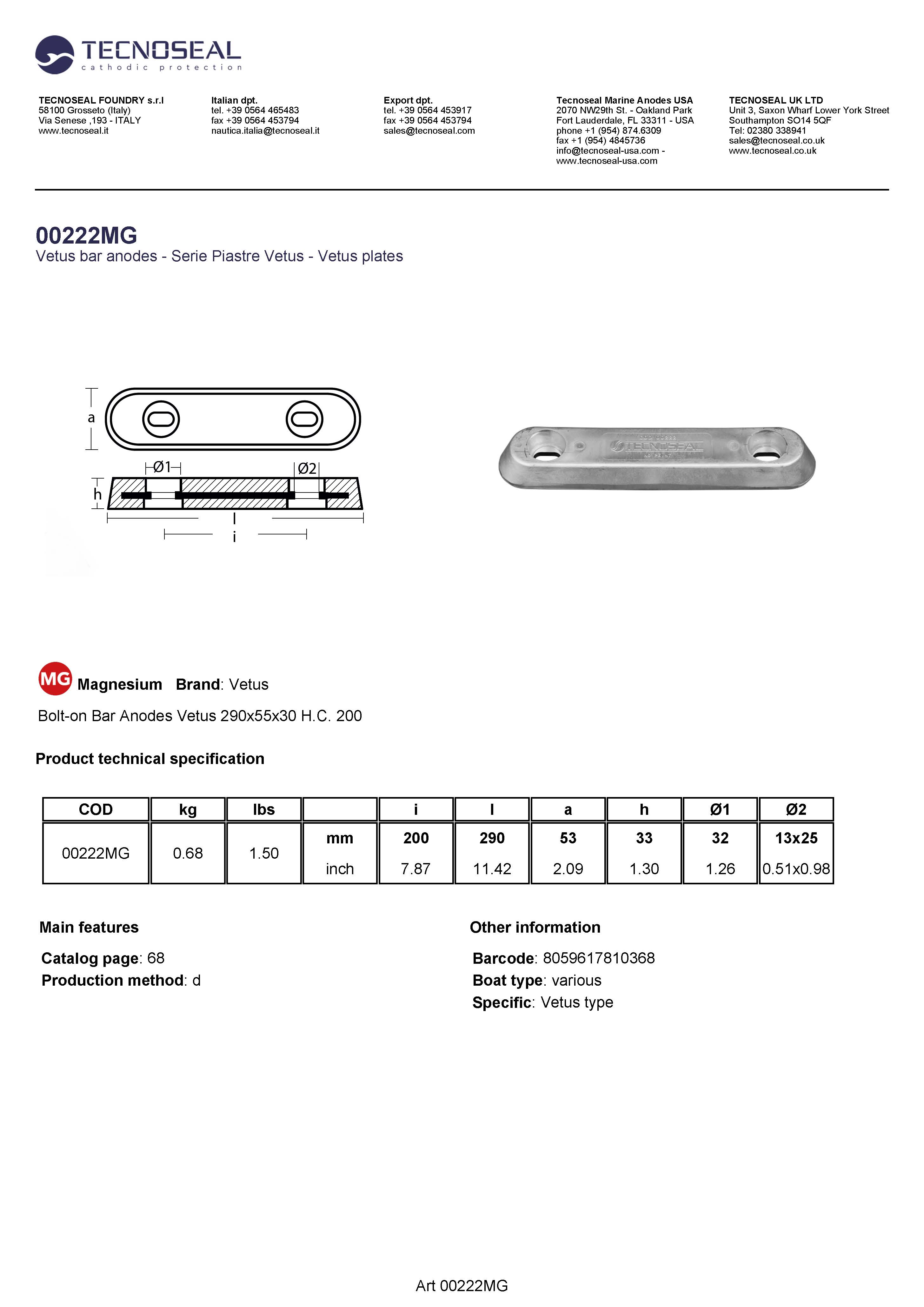 Bolt-on Bar Anodes Vetus 290x55x30 H.C. 200 - 00222mg - 00222MG