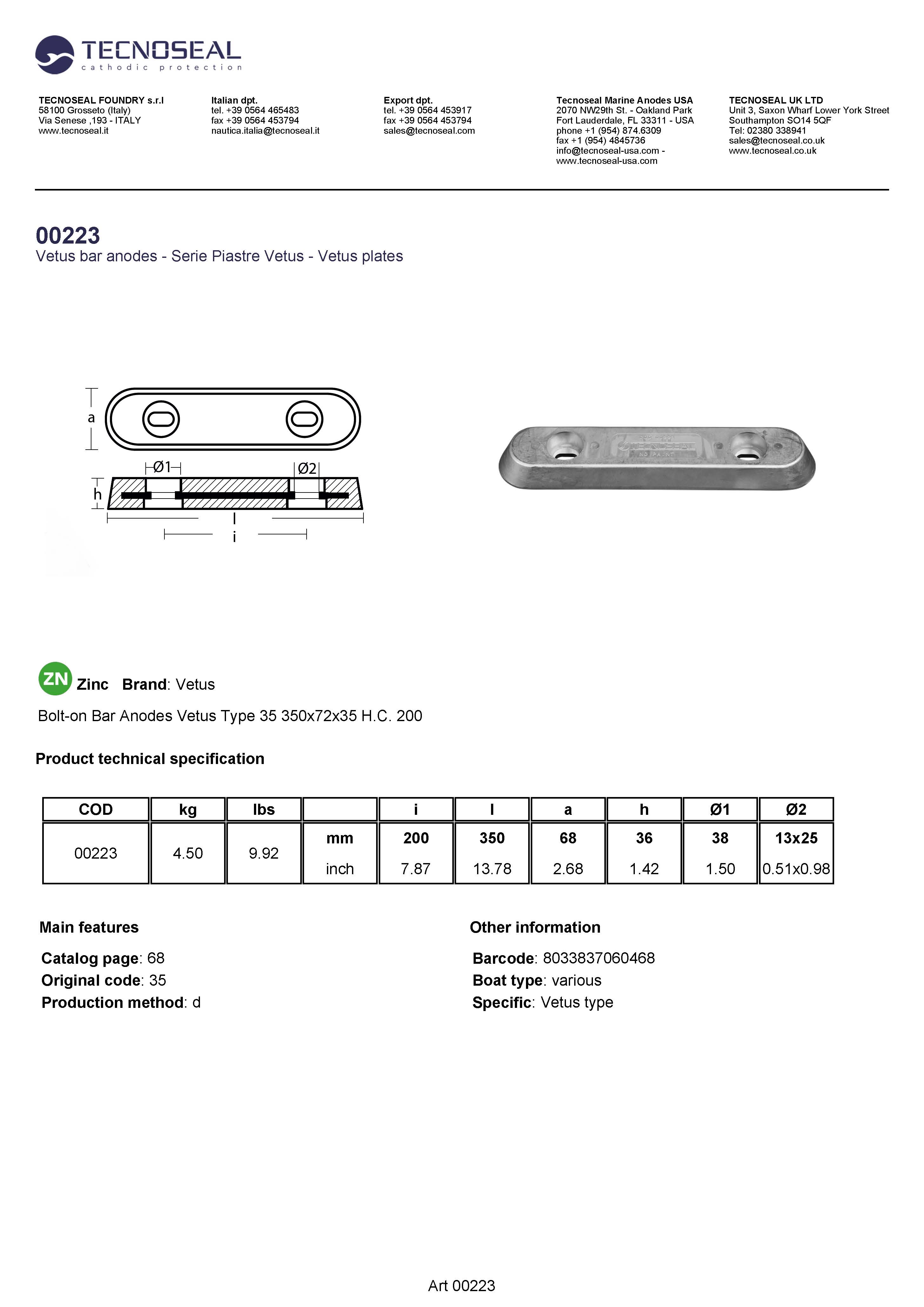 Bolt-on Bar Anodes Vetus Type 35 350x72x35 H.C. 200 - 00223 2 - 00223