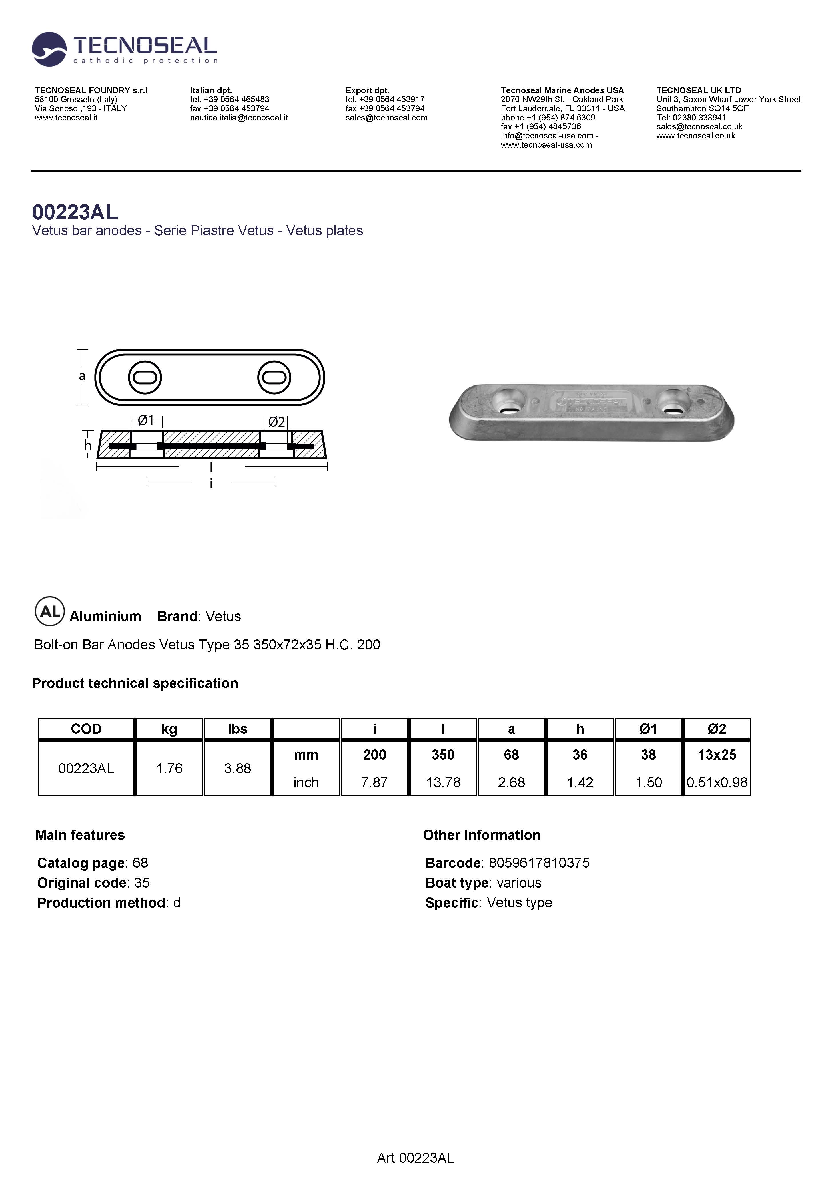 Bolt-on Bar Anodes Vetus Type 35 350x72x35 H.C. 200 - 00223al - 00223AL