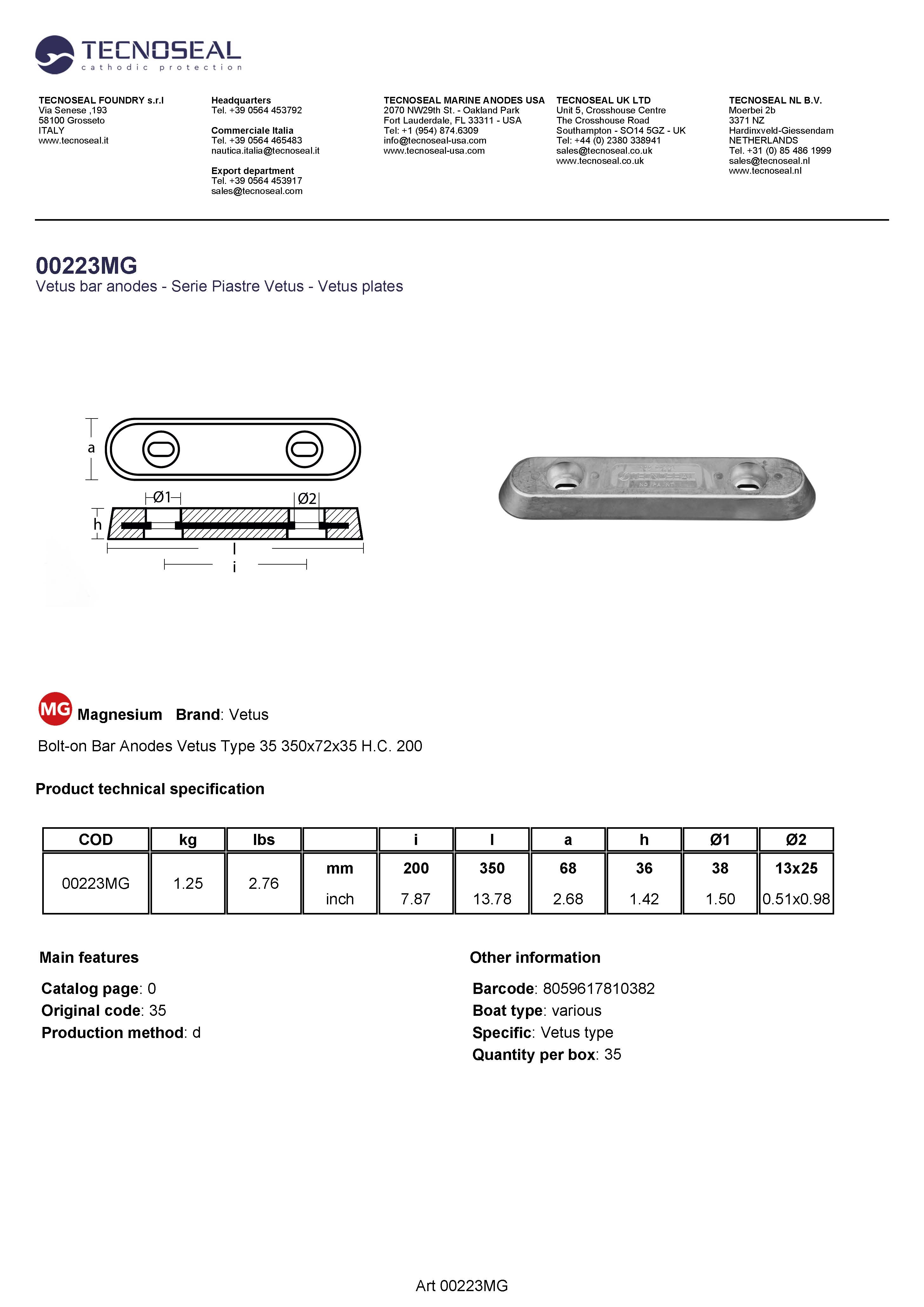 Bolt-on Bar Anodes Vetus Type 35 350x72x35 H.C. 200 - 00223mg 1 - 00223MG