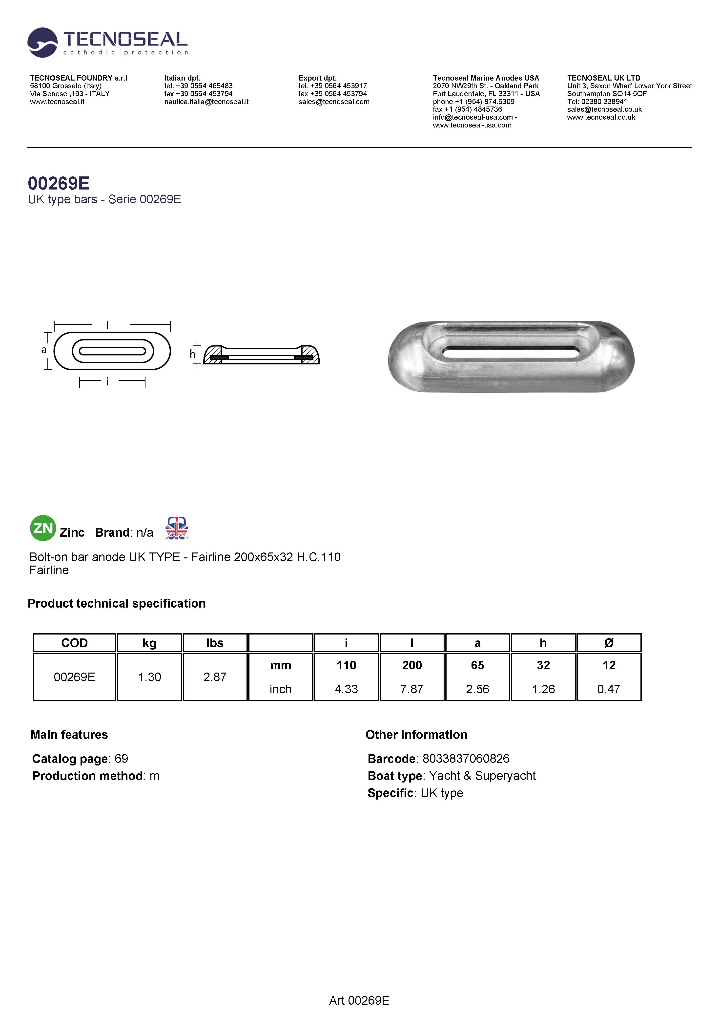 Bolt-on bar anode UK TYPE - Fairline 200x65x32  H.C.110 - 00269e 2 - 00269EMG
