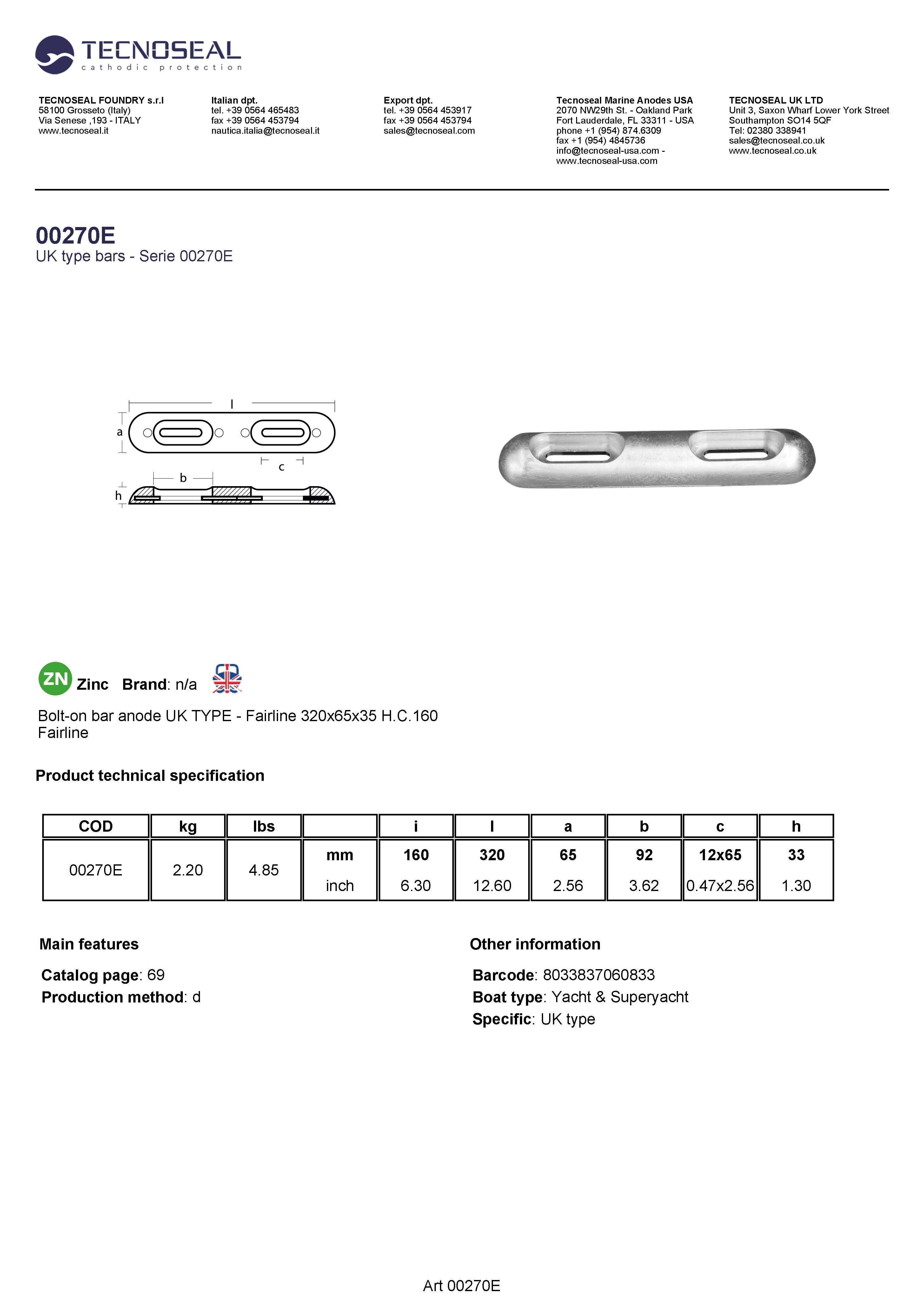 Bolt-on bar anode UK TYPE - Fairline 320x65x35 H.C.160 - 00270e 1 - 00270E