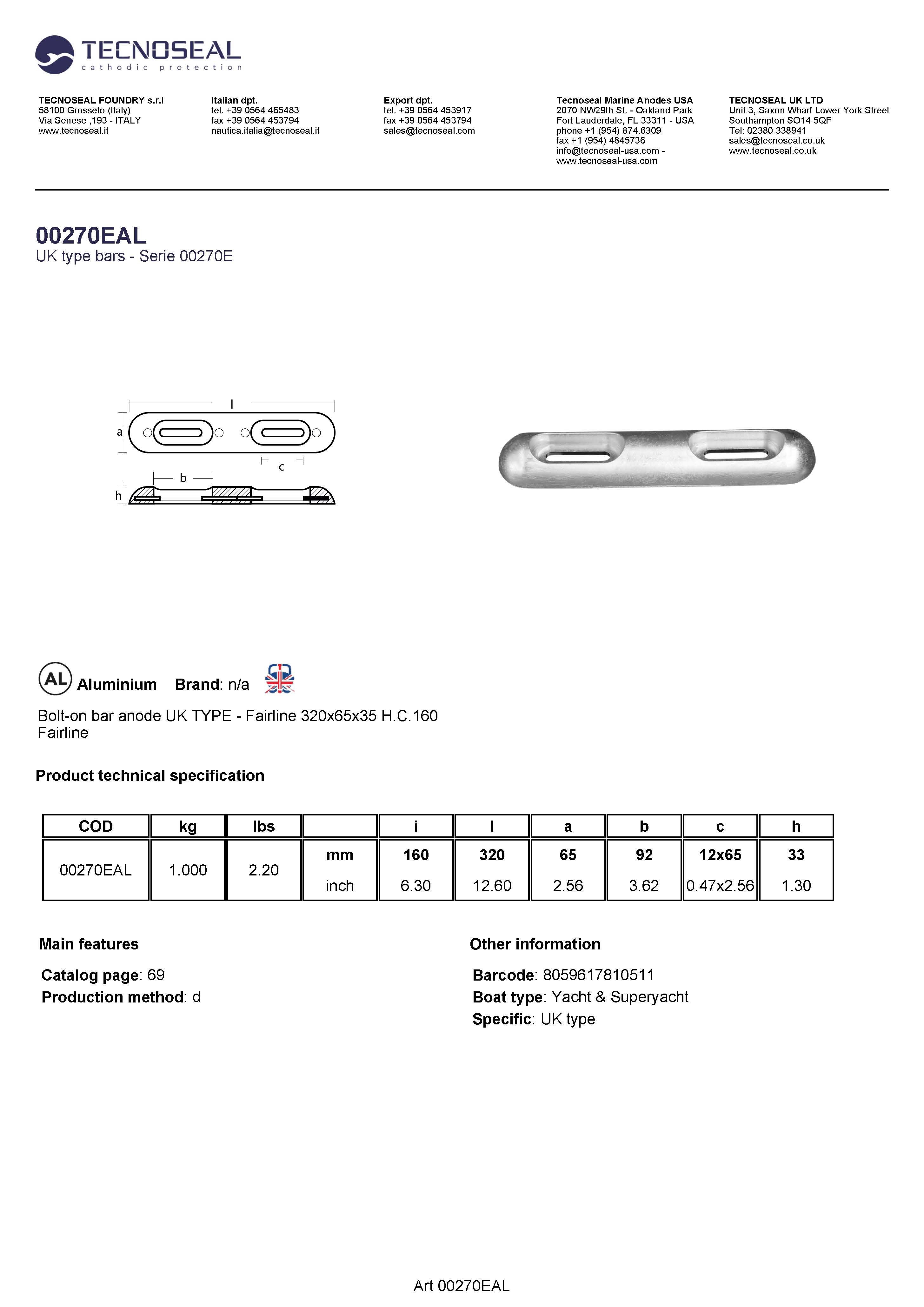 Bolt-on bar anode UK TYPE - Fairline 320x65x35 H.C.160 - 00270eal - 00270EAL