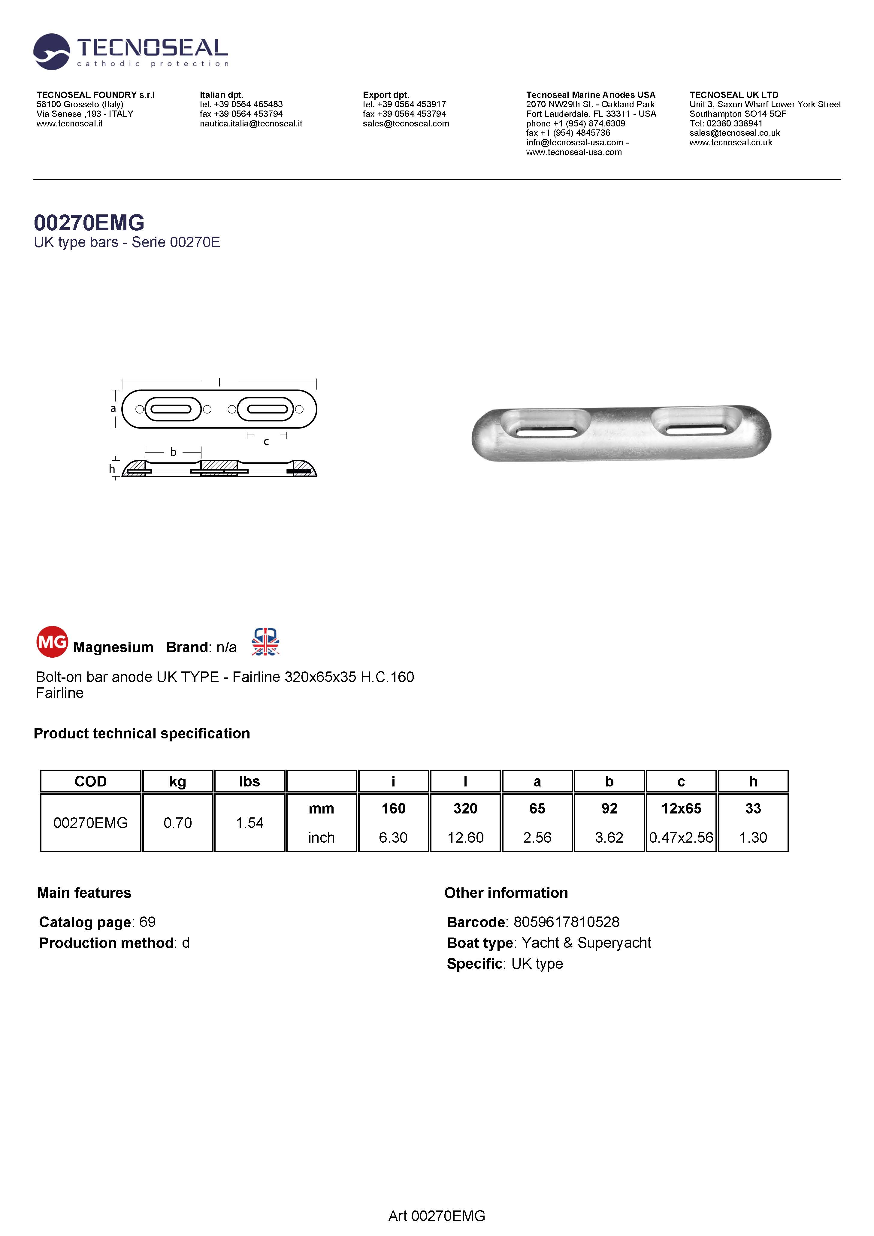 Bolt-on bar anode UK TYPE - Fairline 320x65x35 H.C.160 - 00270emg - 00270EMG