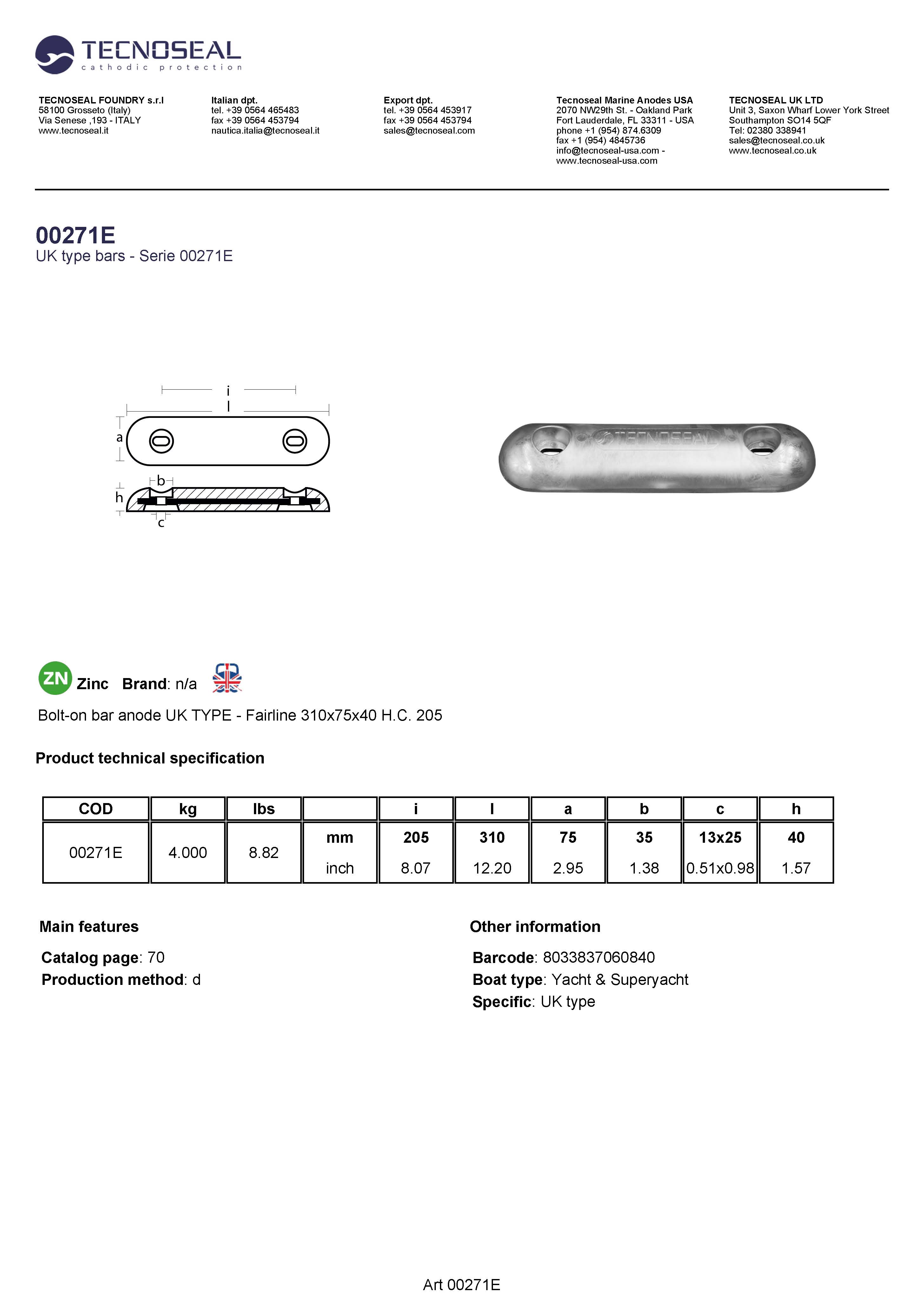Bolt-on bar anode UK TYPE - Fairline 310x75x40 H.C. 205 - 00271e 1 - 00271EAL