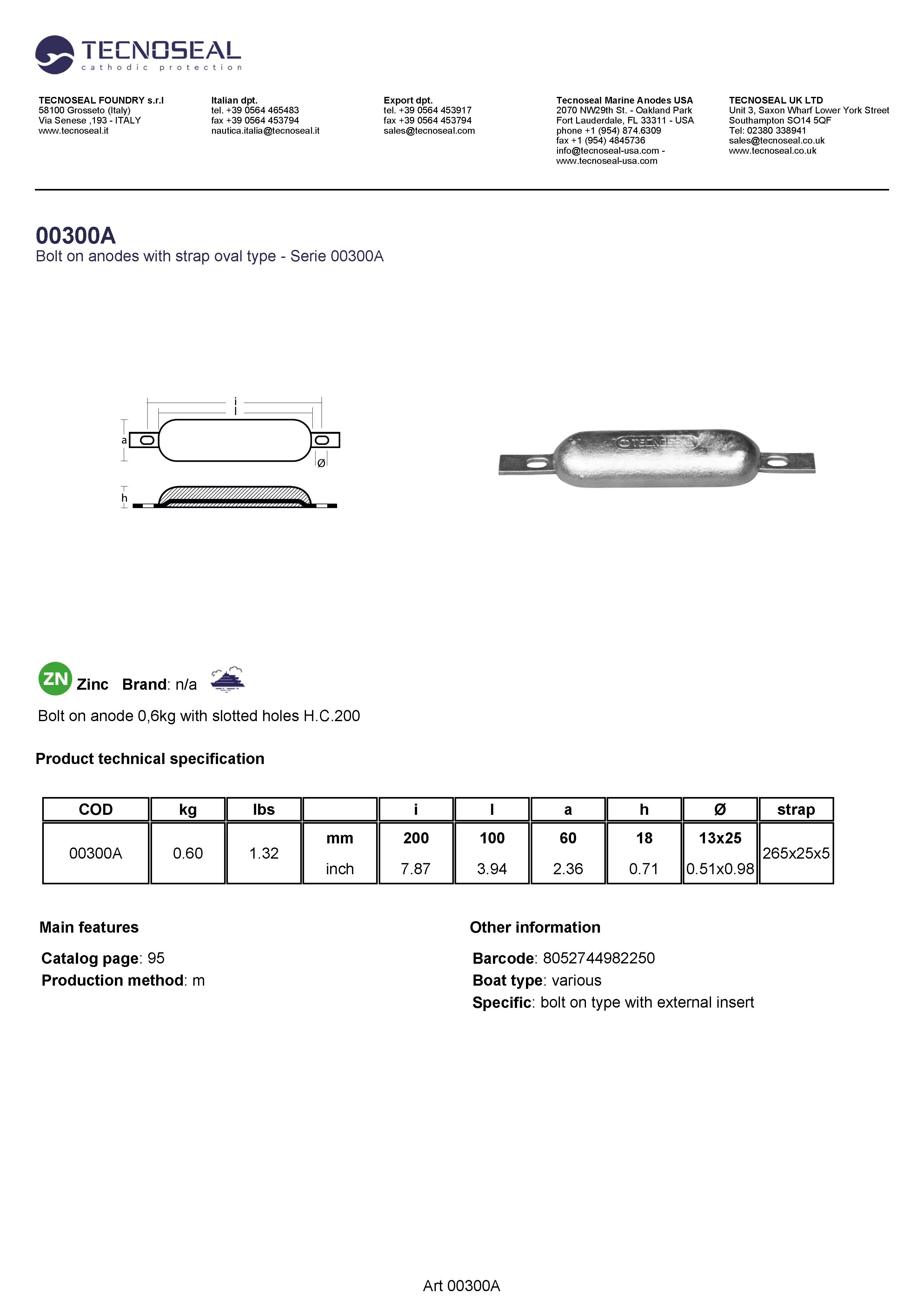 Bolt on anode 0,6kg with slotted holes H.C.200 - 00300a - 00300A
