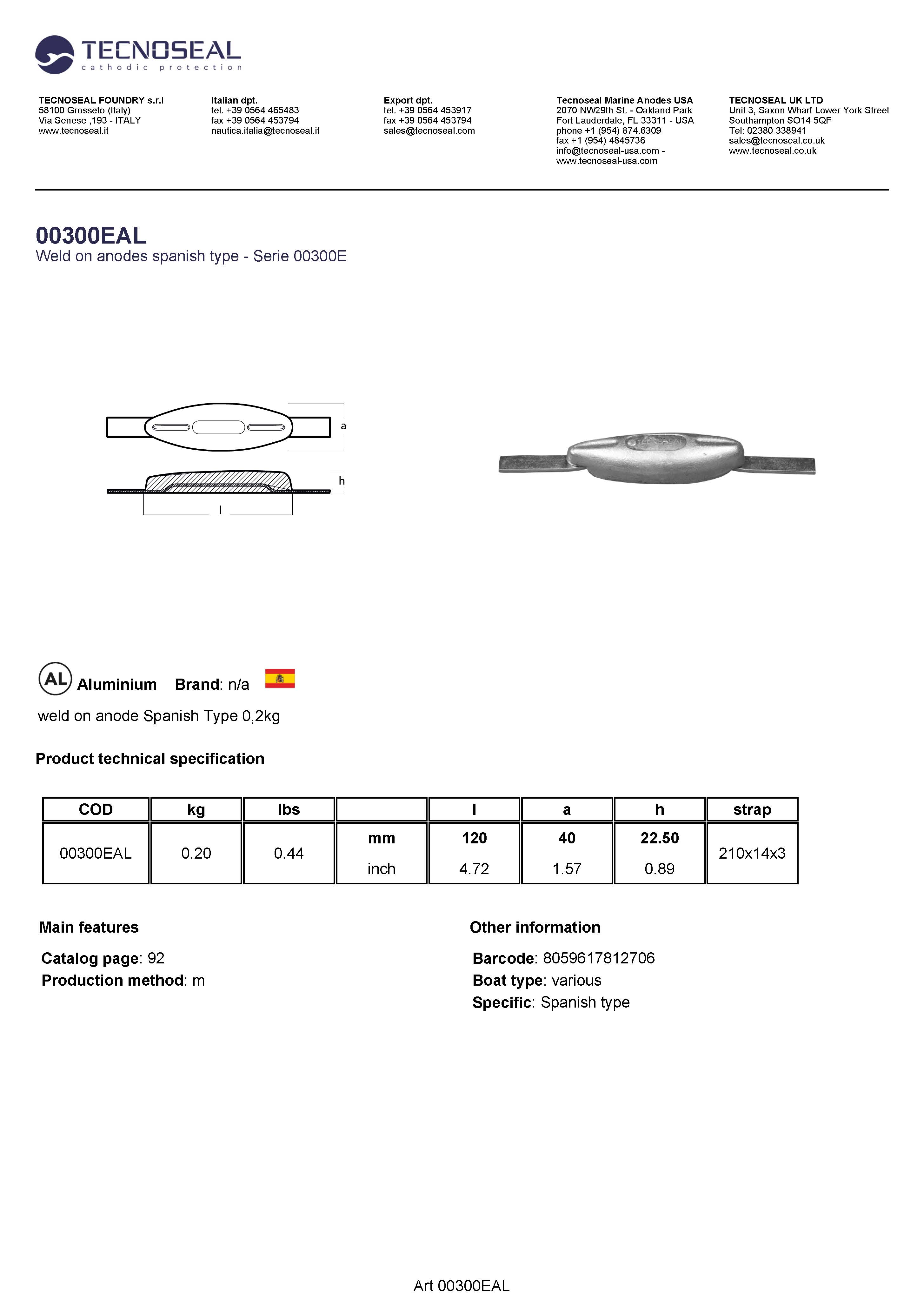 weld on anode Spanish Type 0,25kg - 00300eal - 00300EAL