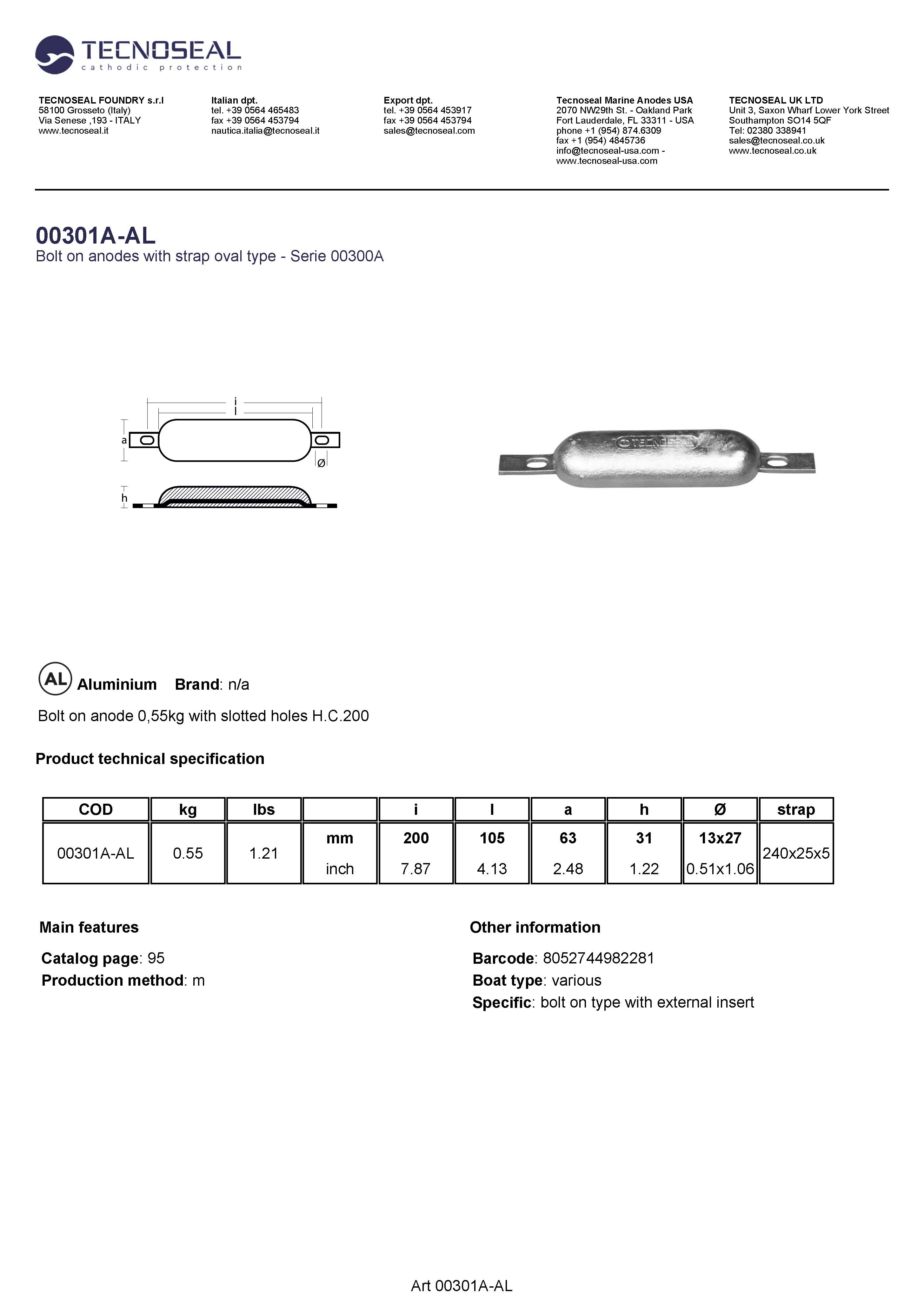 Bolt on anode 0,55kg with slotted holes H.C.200 - 00301aal - 00301A-AL