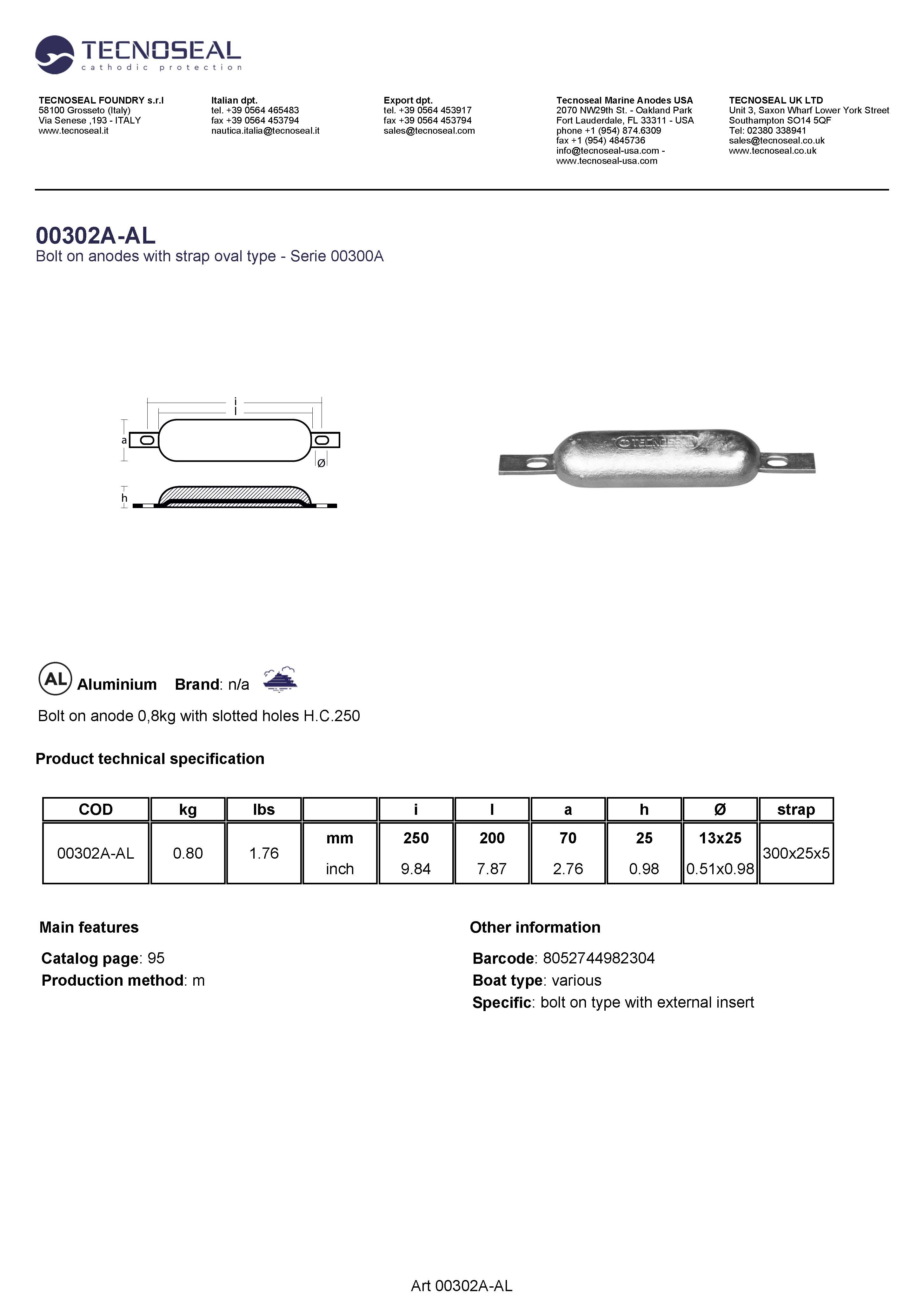 Bolt on anode 0,8kg with slotted holes H.C.250 - 00302a al - 00302A-AL