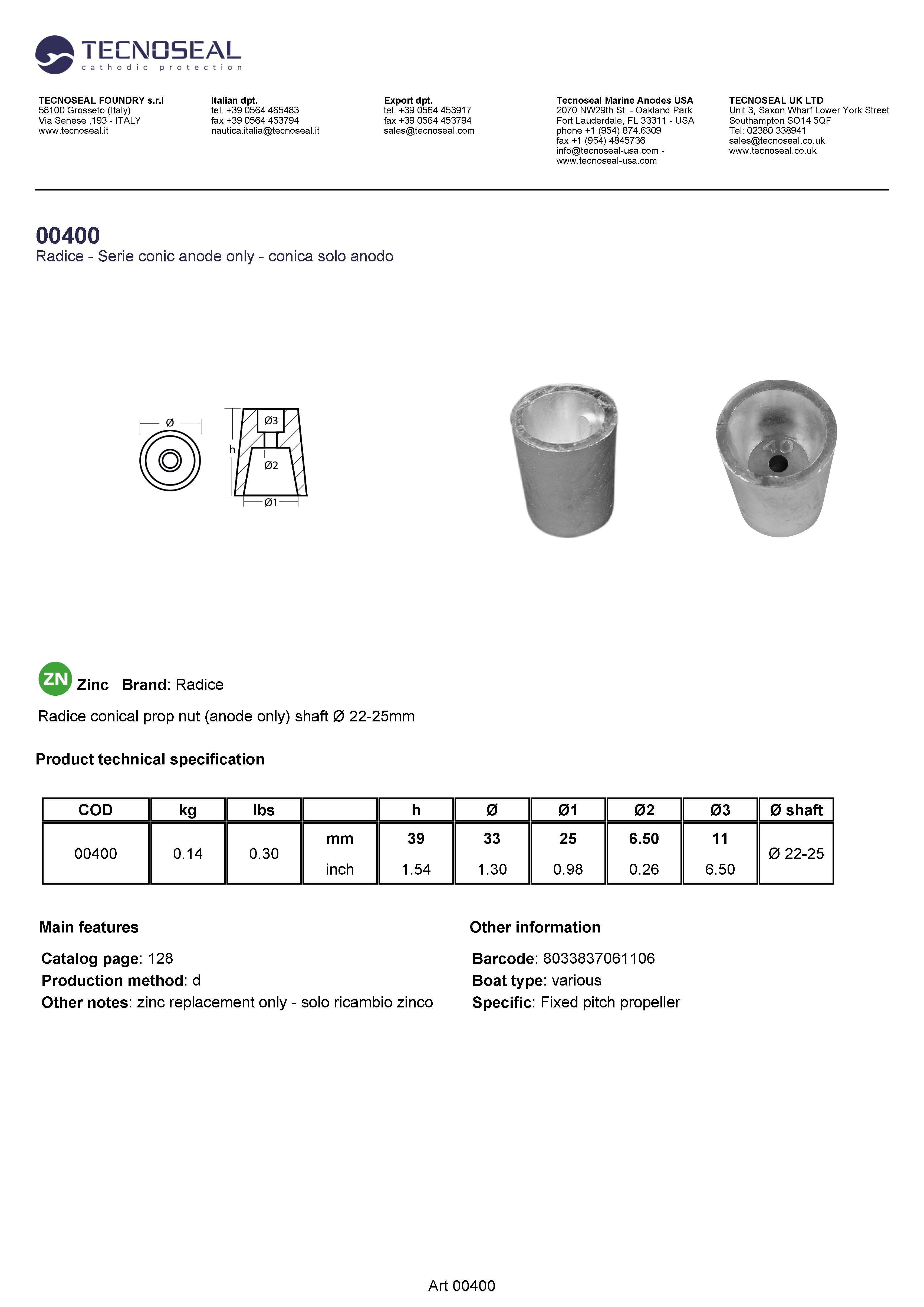 Radice conical prop nut (anode only) shaft &Oslash; 22-25mm - 00400 1 - 00400